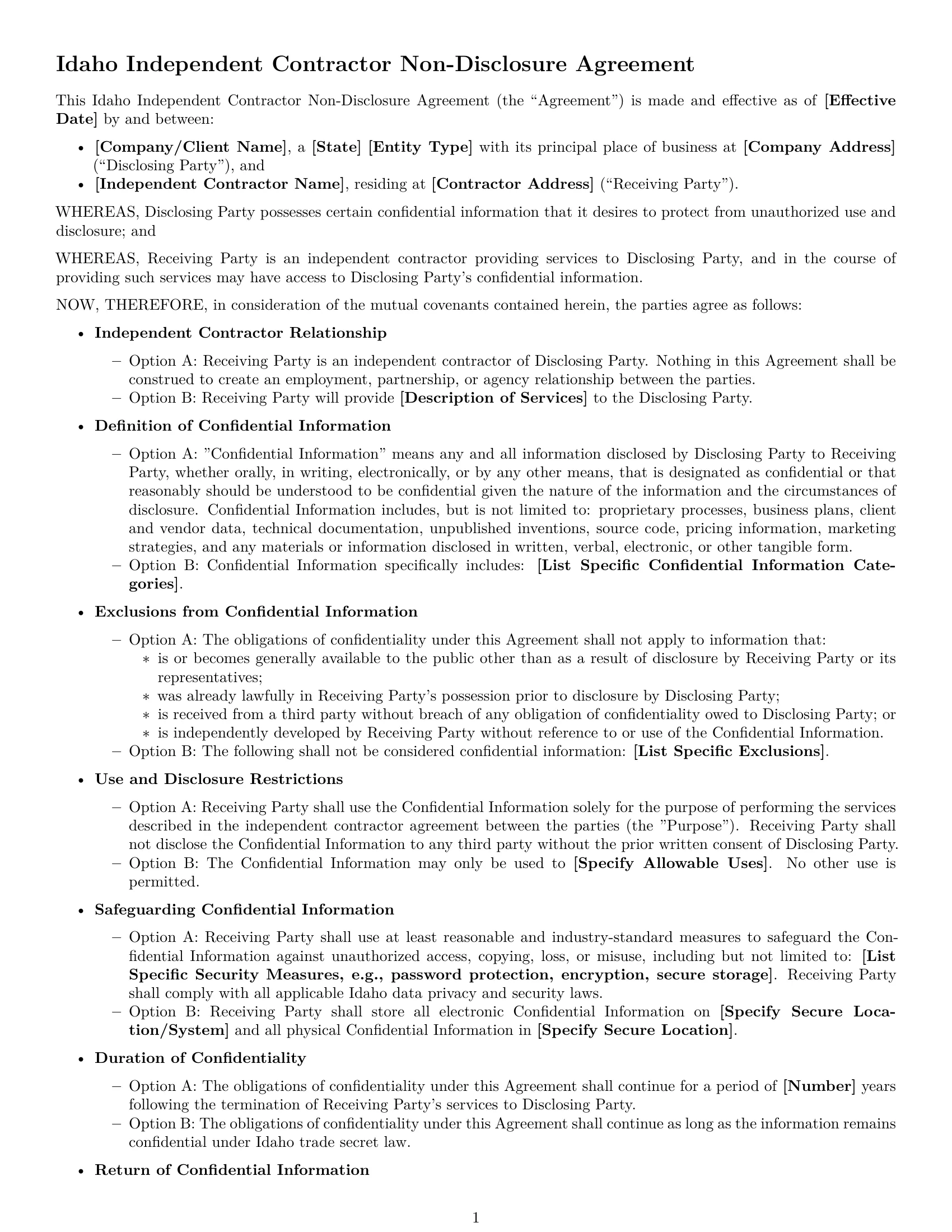 Preview page 1 of Free Idaho independent contractor nda template
