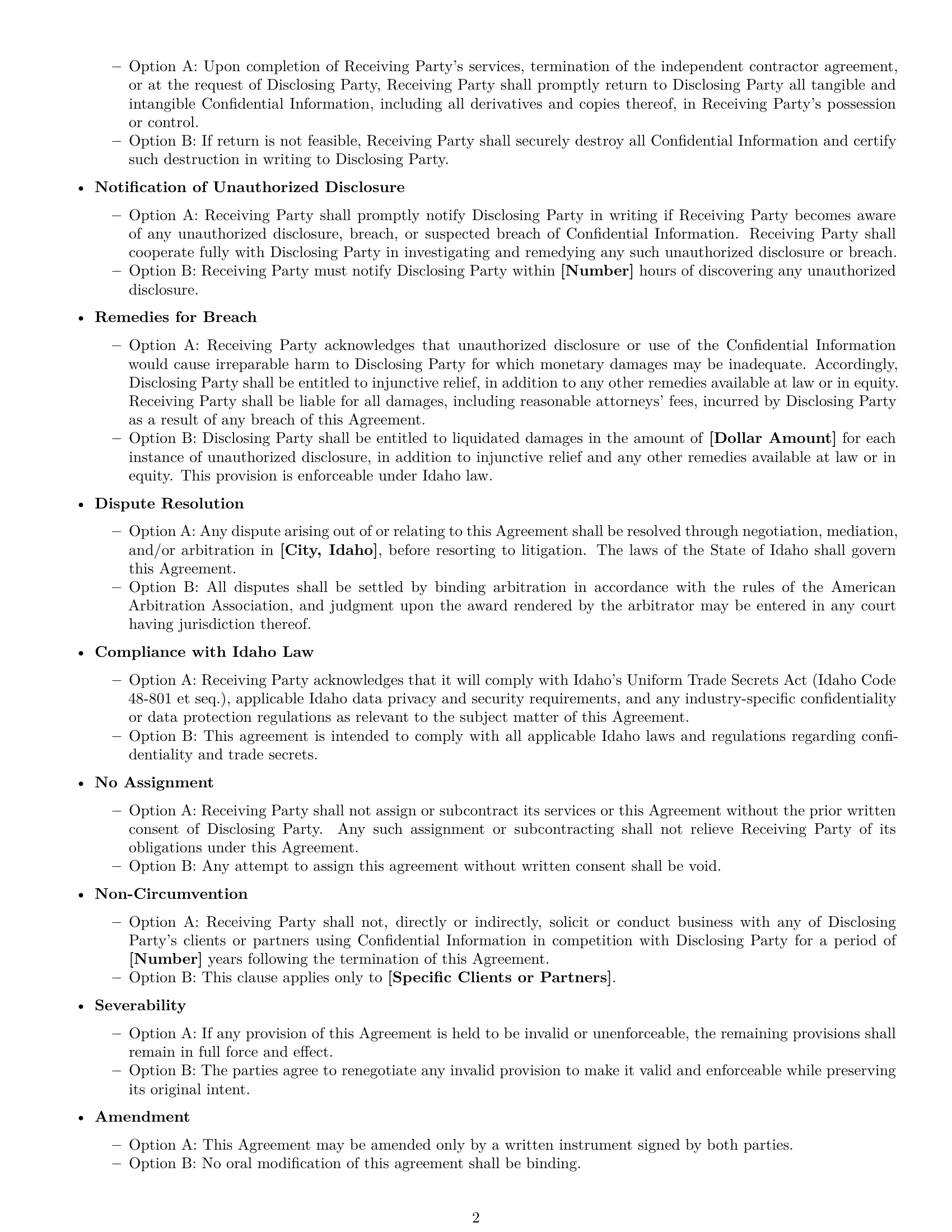 Preview page 2 of Free Idaho independent contractor nda template