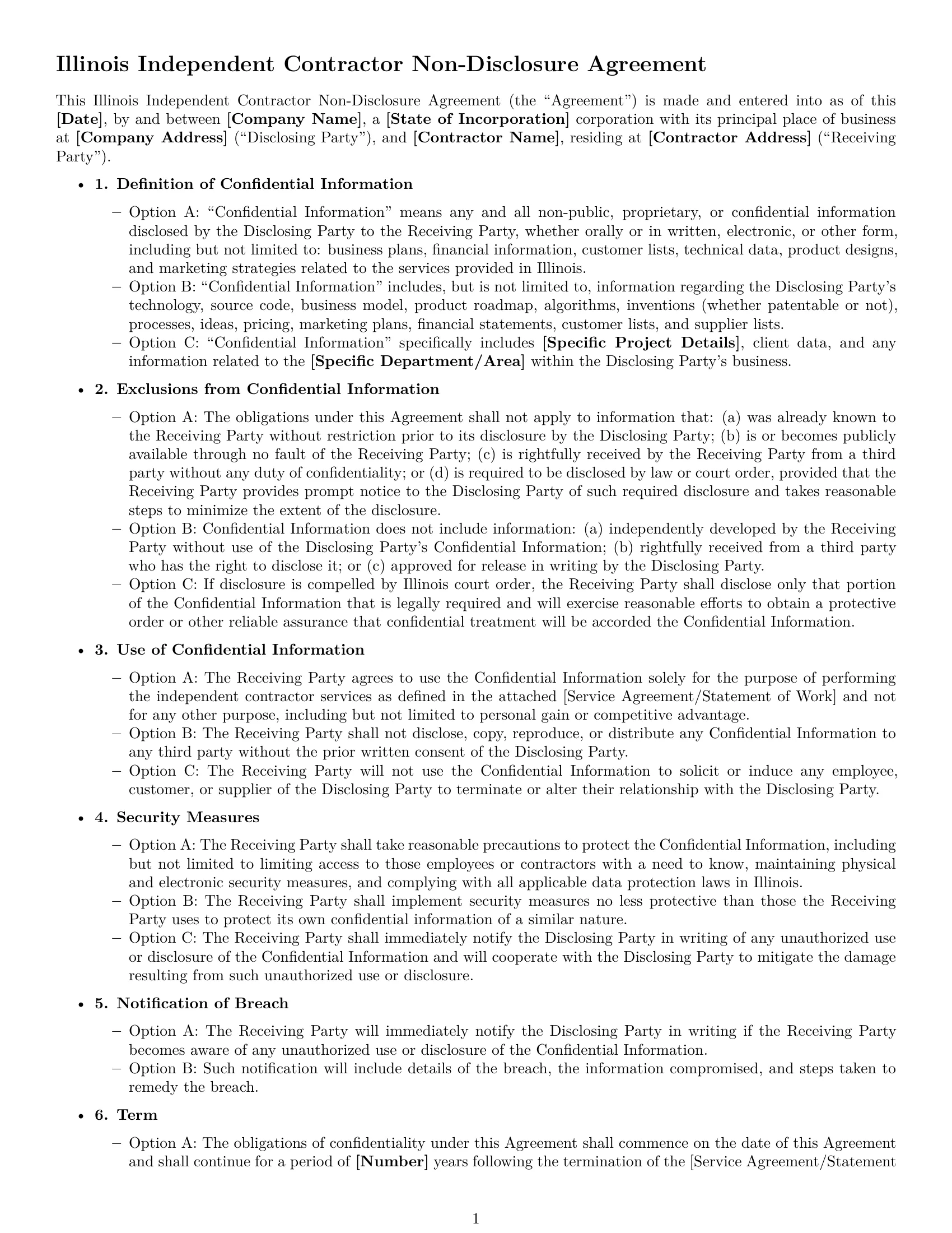 Preview page 1 of Free Illinois independent contractor nda template