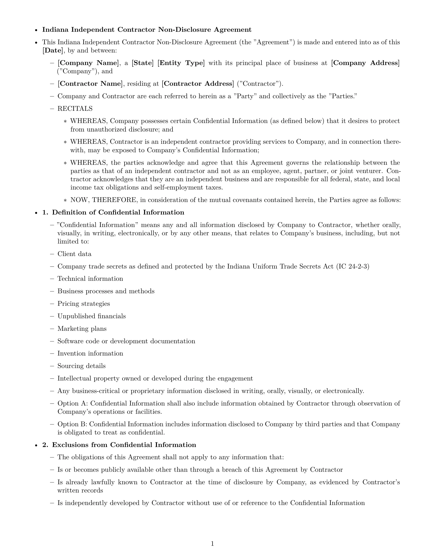 Preview page 1 of Free Indiana independent contractor nda template