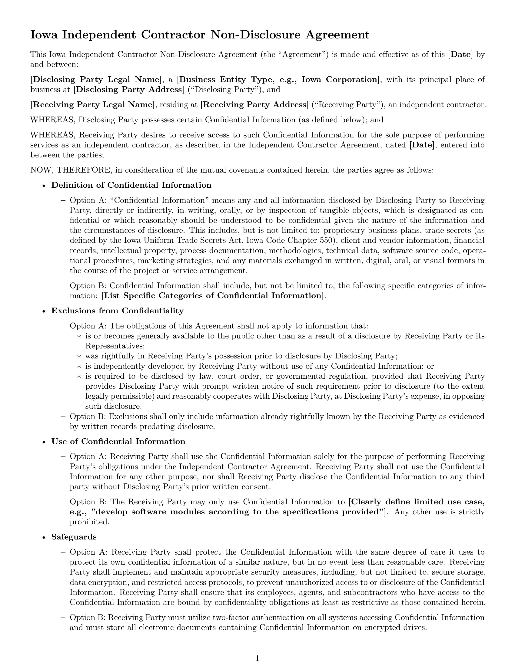 Preview page 1 of Free Iowa independent contractor nda template