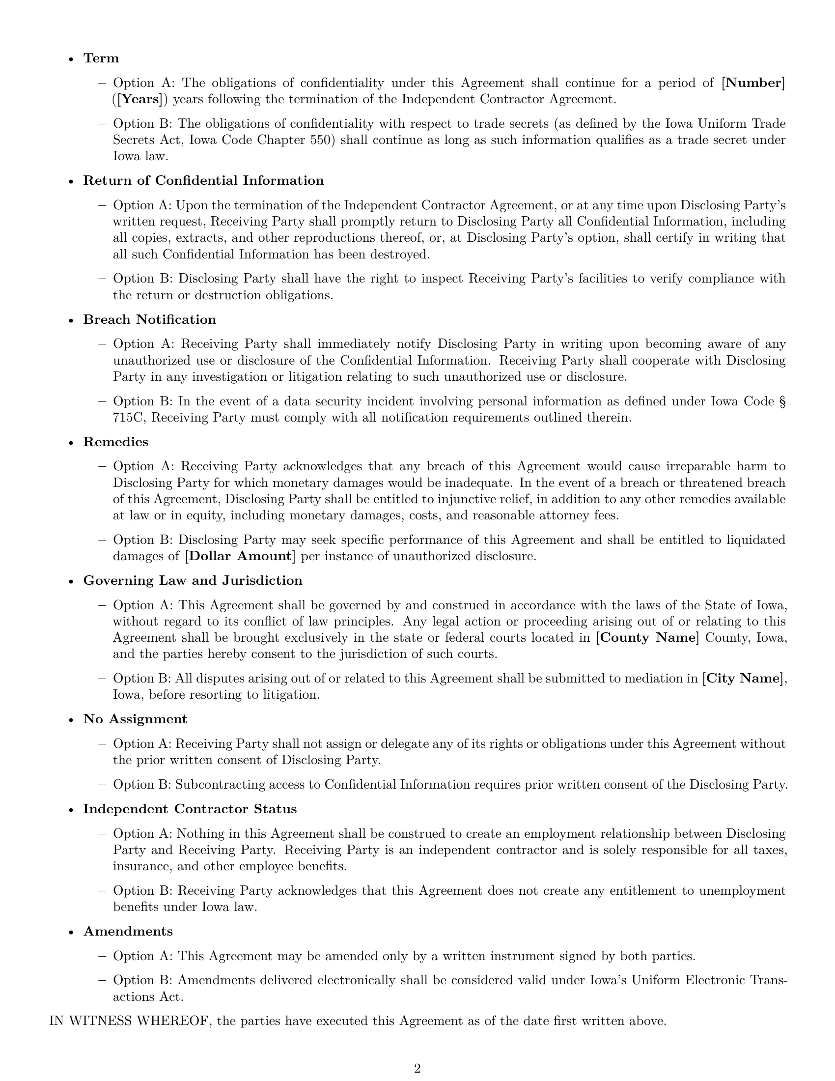 Preview page 2 of Free Iowa independent contractor nda template