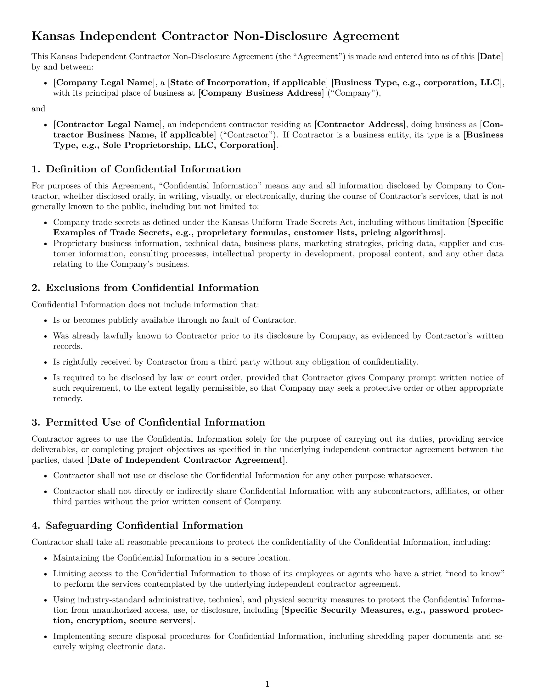 Preview page 1 of Free Kansas independent contractor nda template