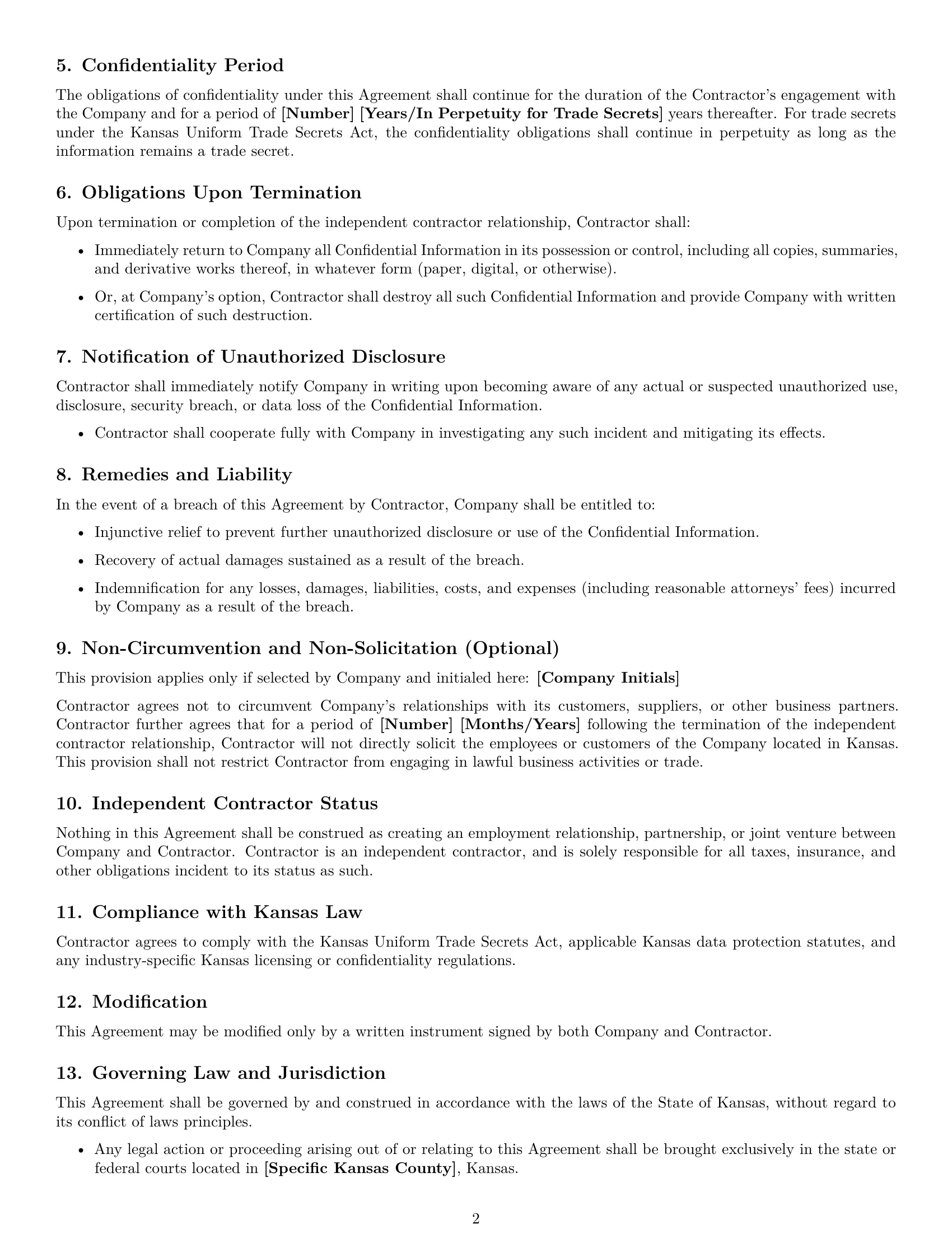 Preview page 2 of Free Kansas independent contractor nda template