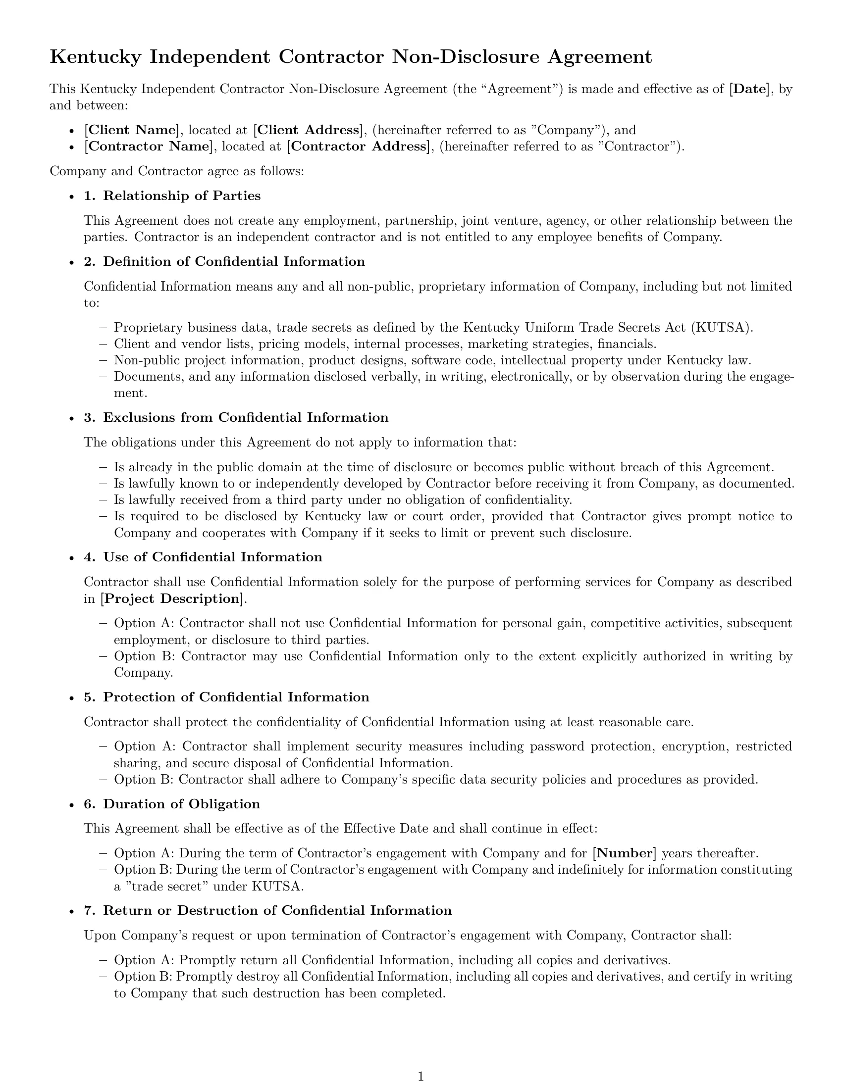 Preview page 1 of Free Kentucky independent contractor nda template