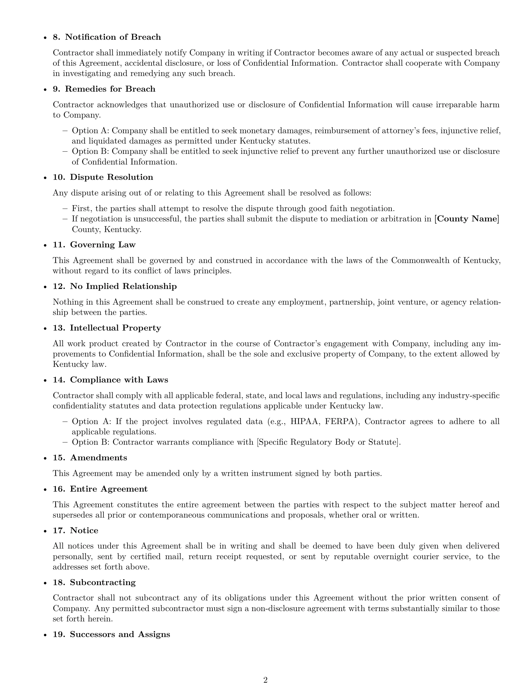 Preview page 2 of Free Kentucky independent contractor nda template