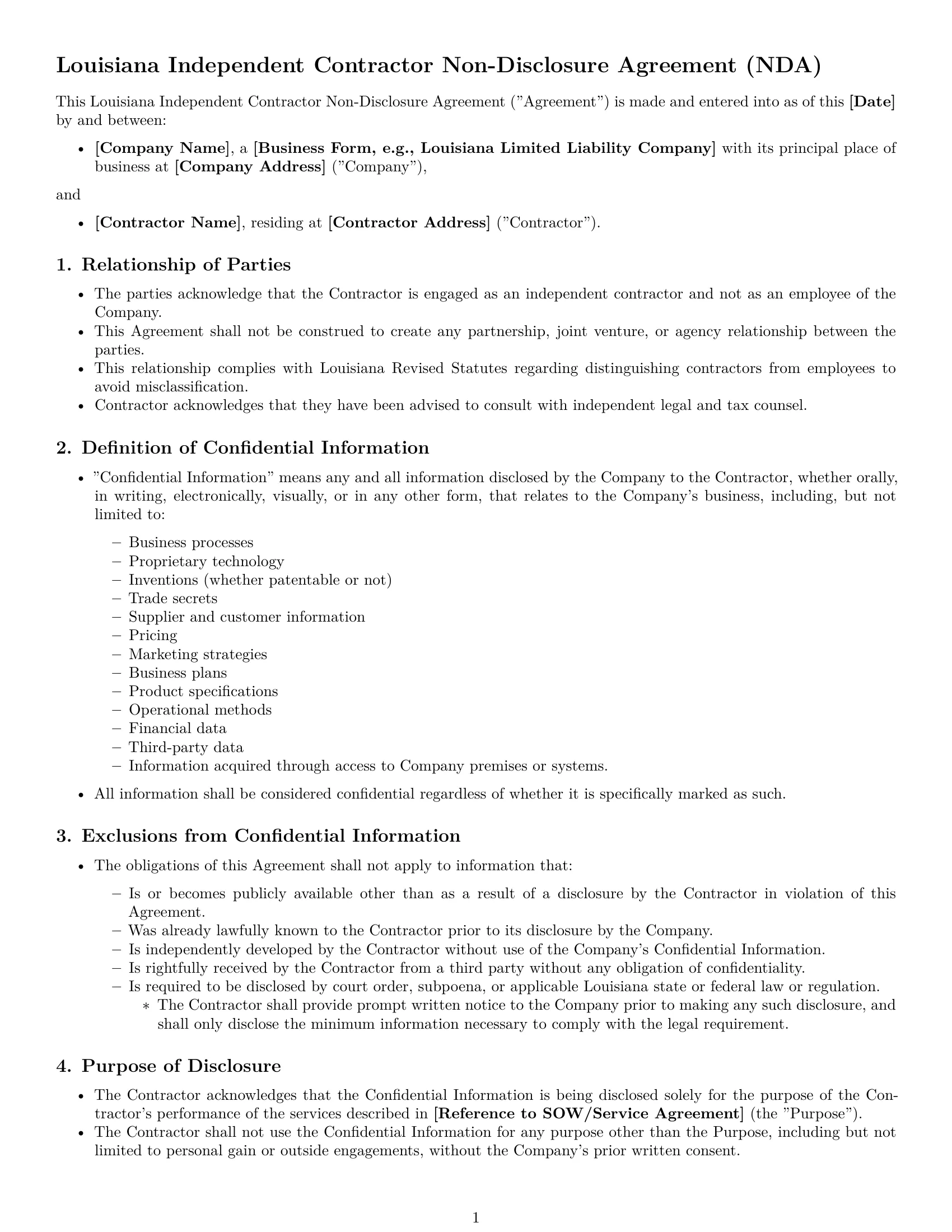 Preview page 1 of Free Louisiana independent contractor nda template
