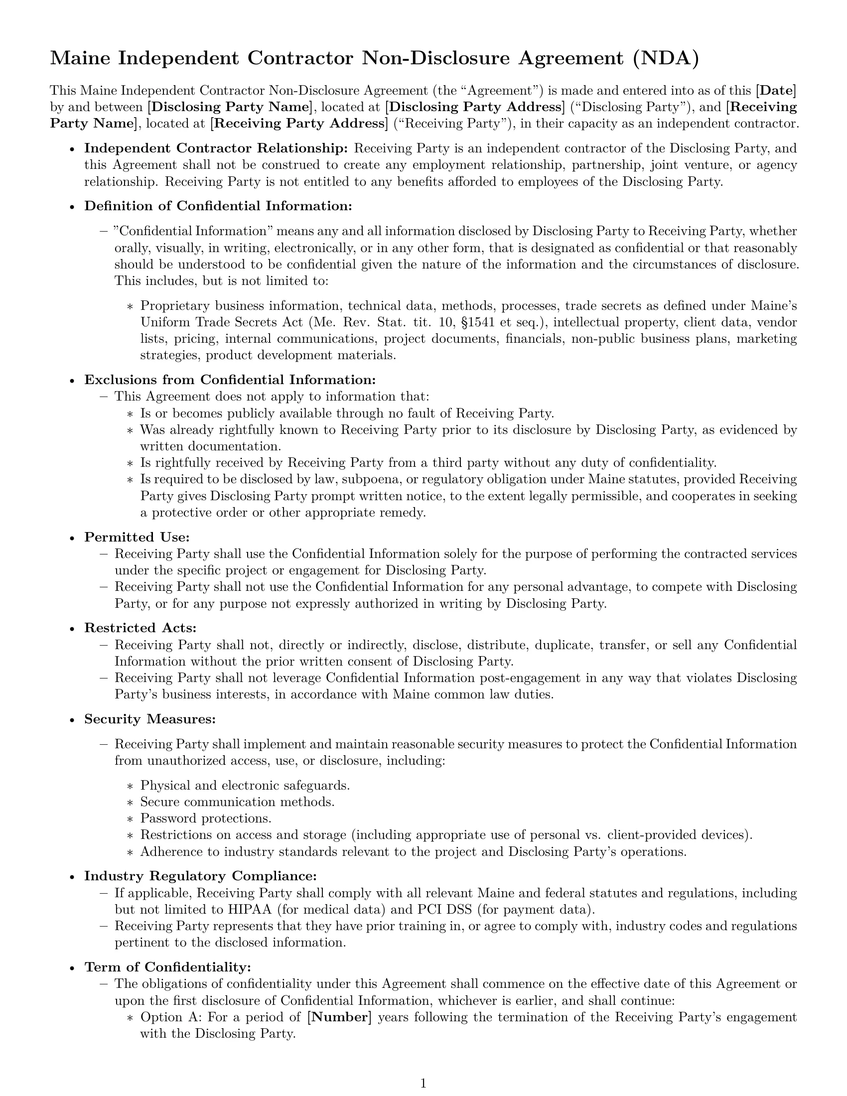 Preview page 1 of Free Maine independent contractor nda template