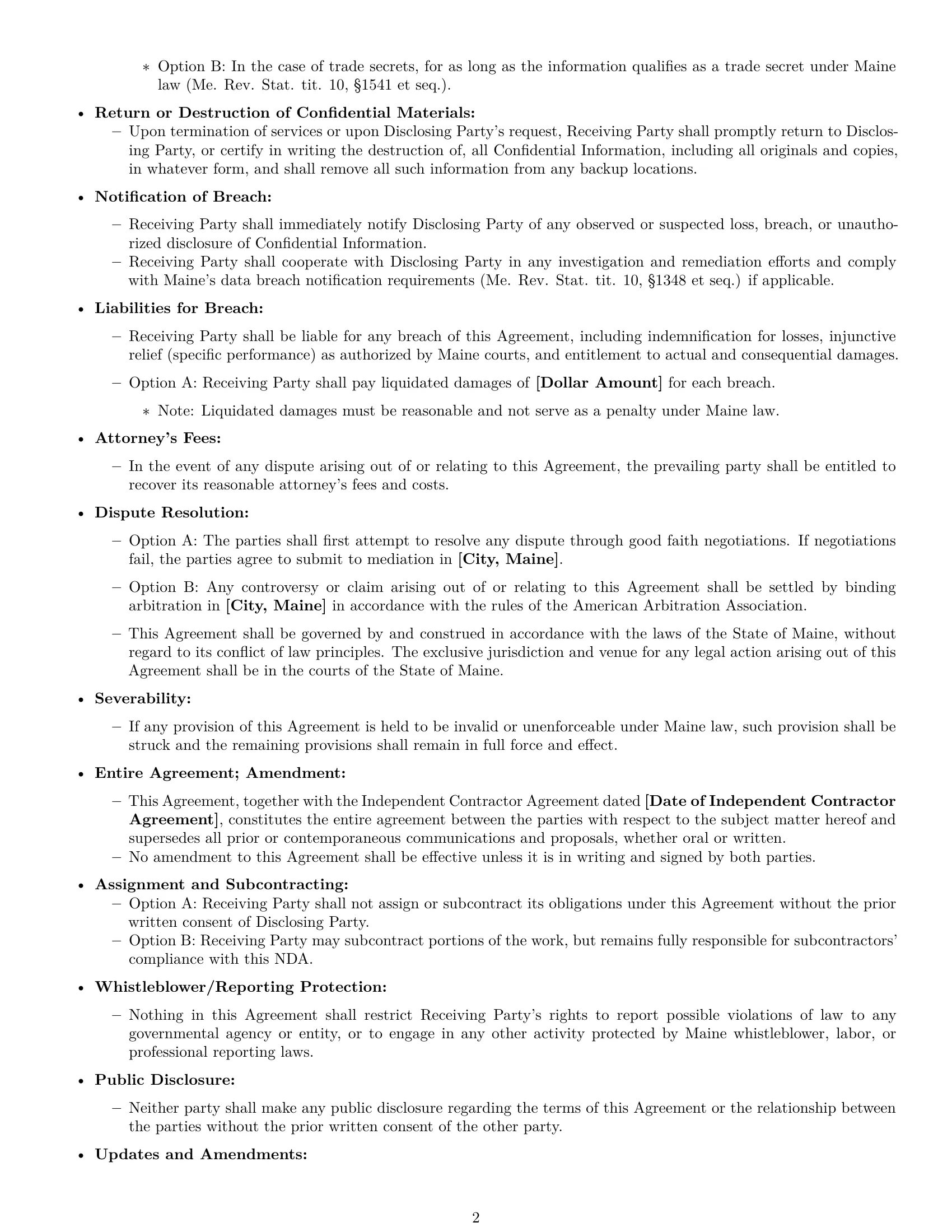 Preview page 2 of Free Maine independent contractor nda template