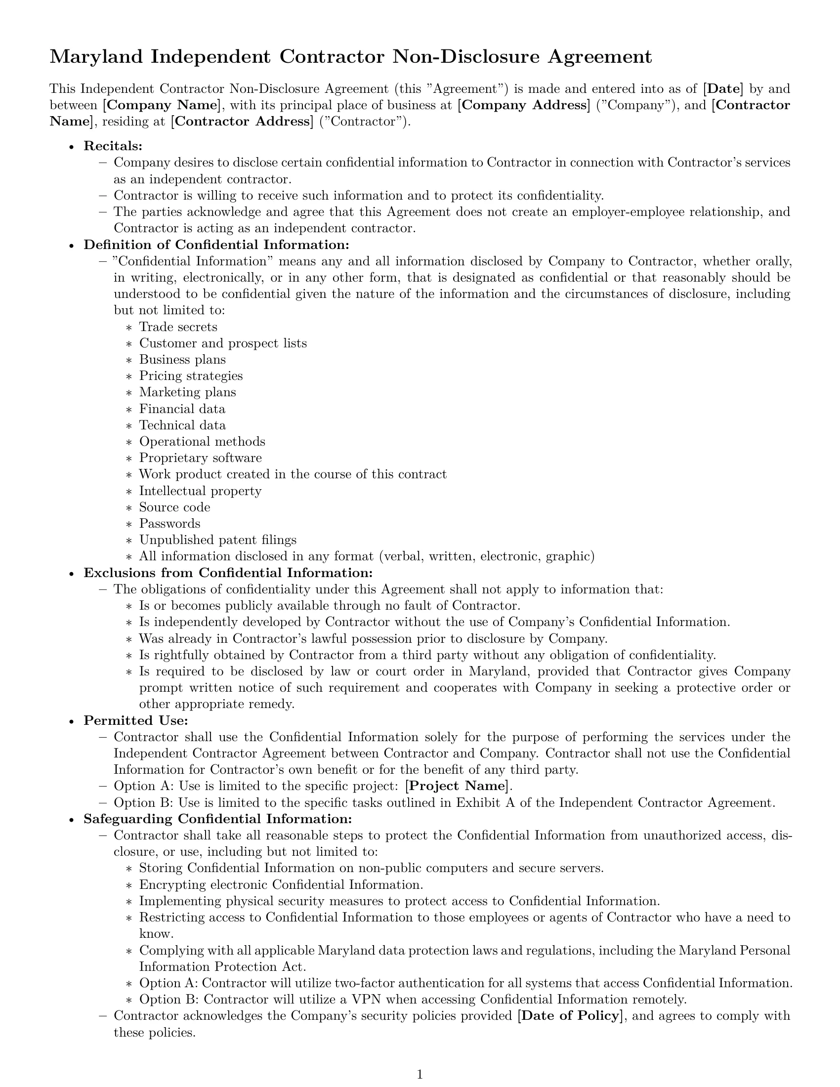 Preview page 1 of Free Maryland independent contractor nda template
