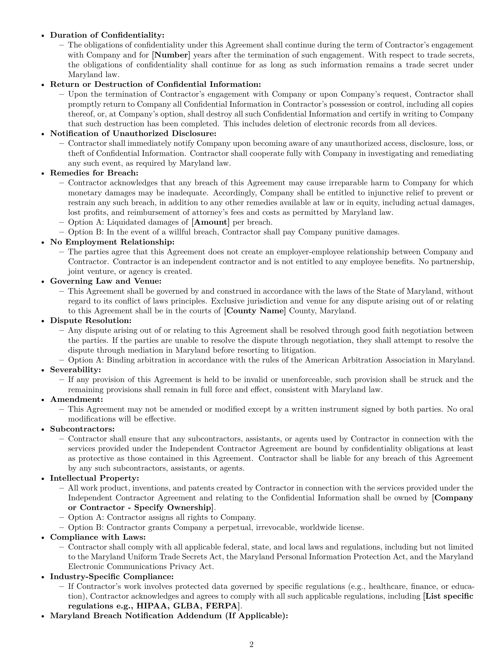 Preview page 2 of Free Maryland independent contractor nda template