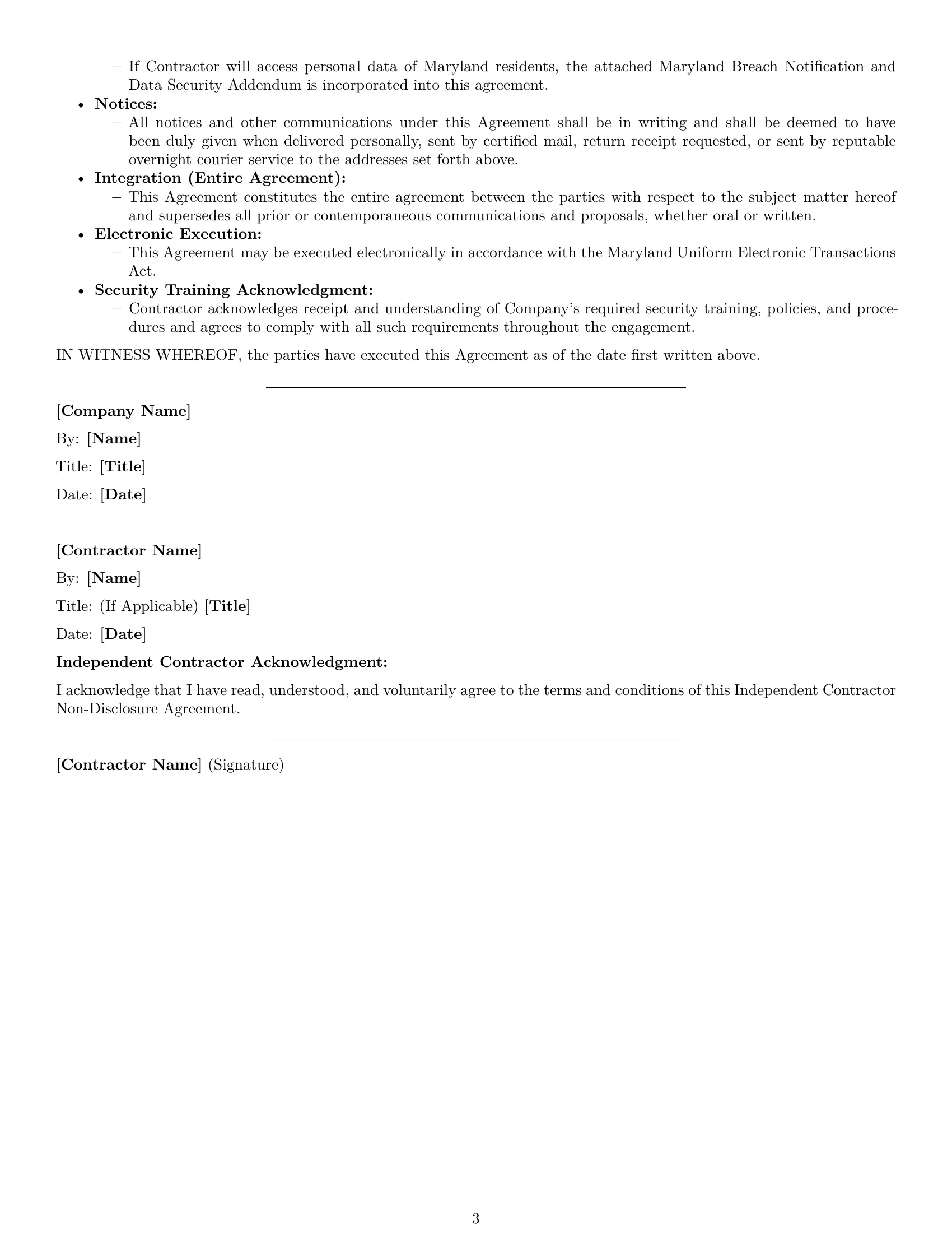 Preview page 3 of Free Maryland independent contractor nda template