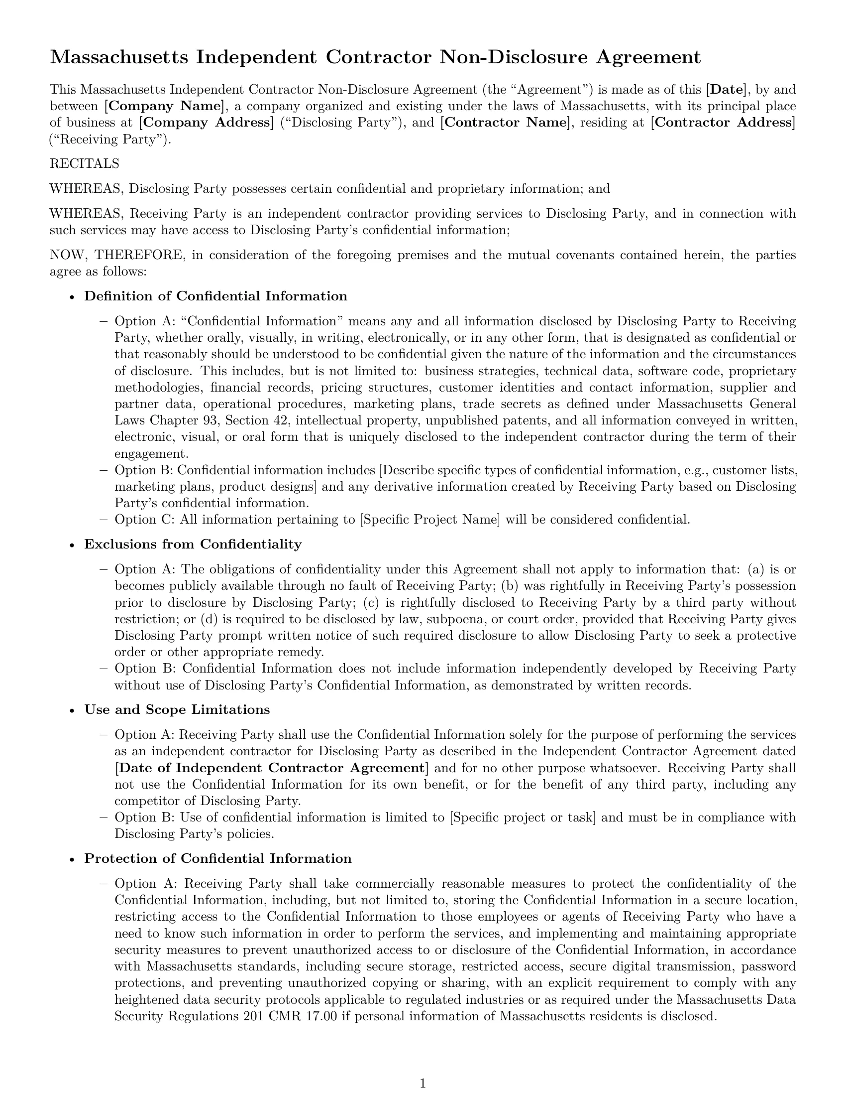 Preview page 1 of Free Massachusetts independent contractor nda template