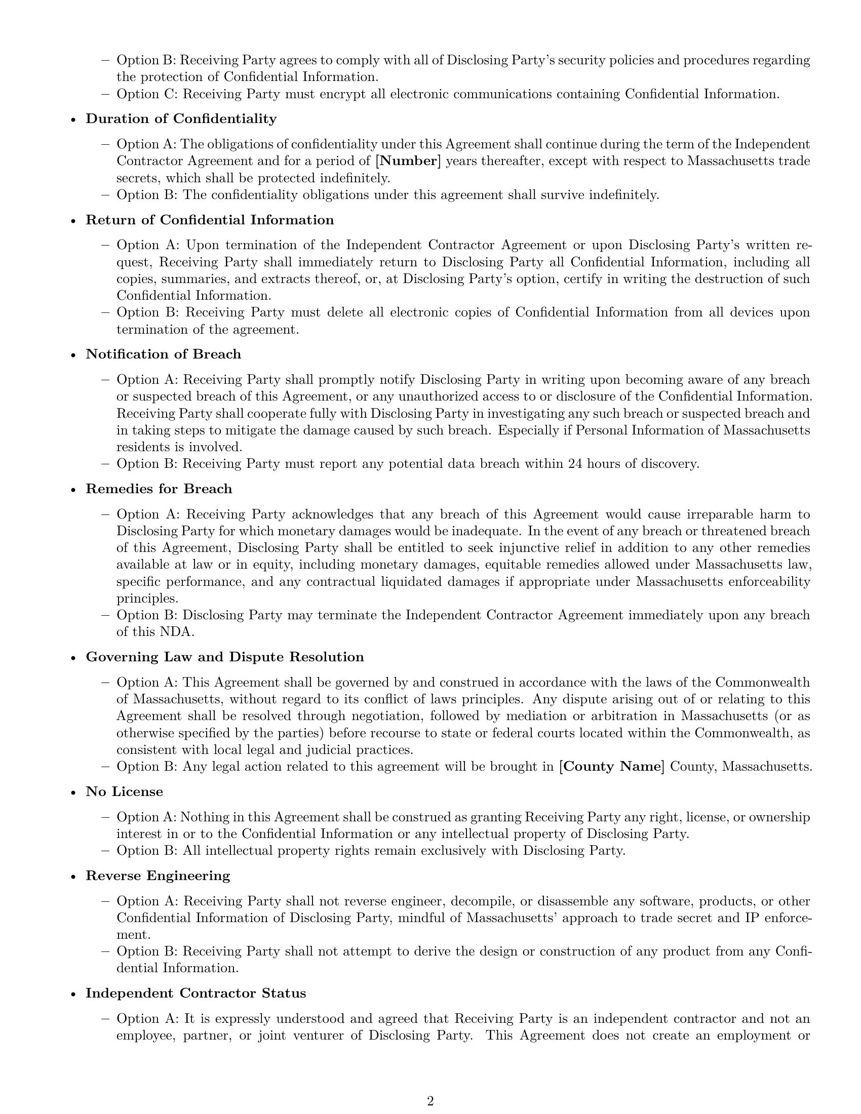 Preview page 2 of Free Massachusetts independent contractor nda template