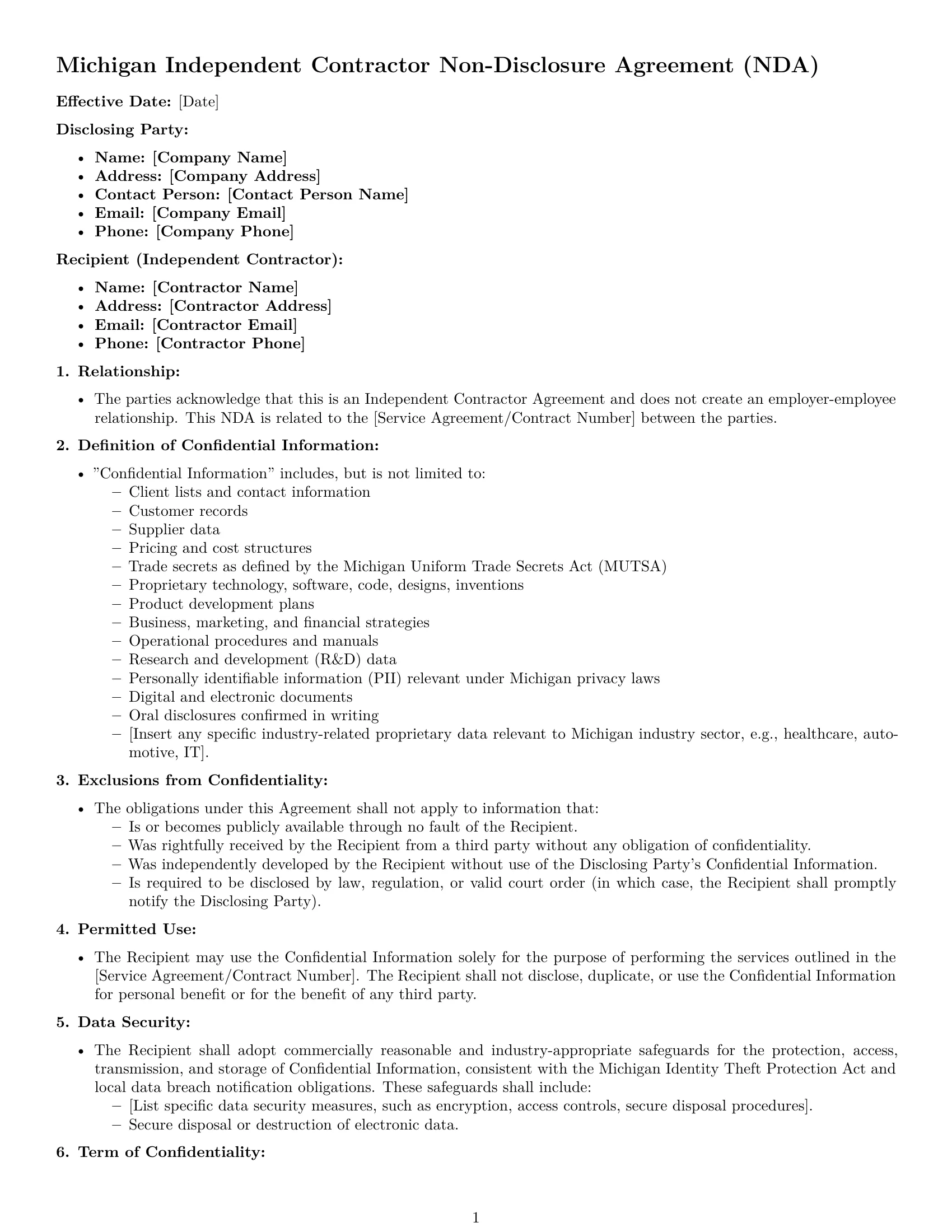 Preview page 1 of Free Michigan independent contractor nda template