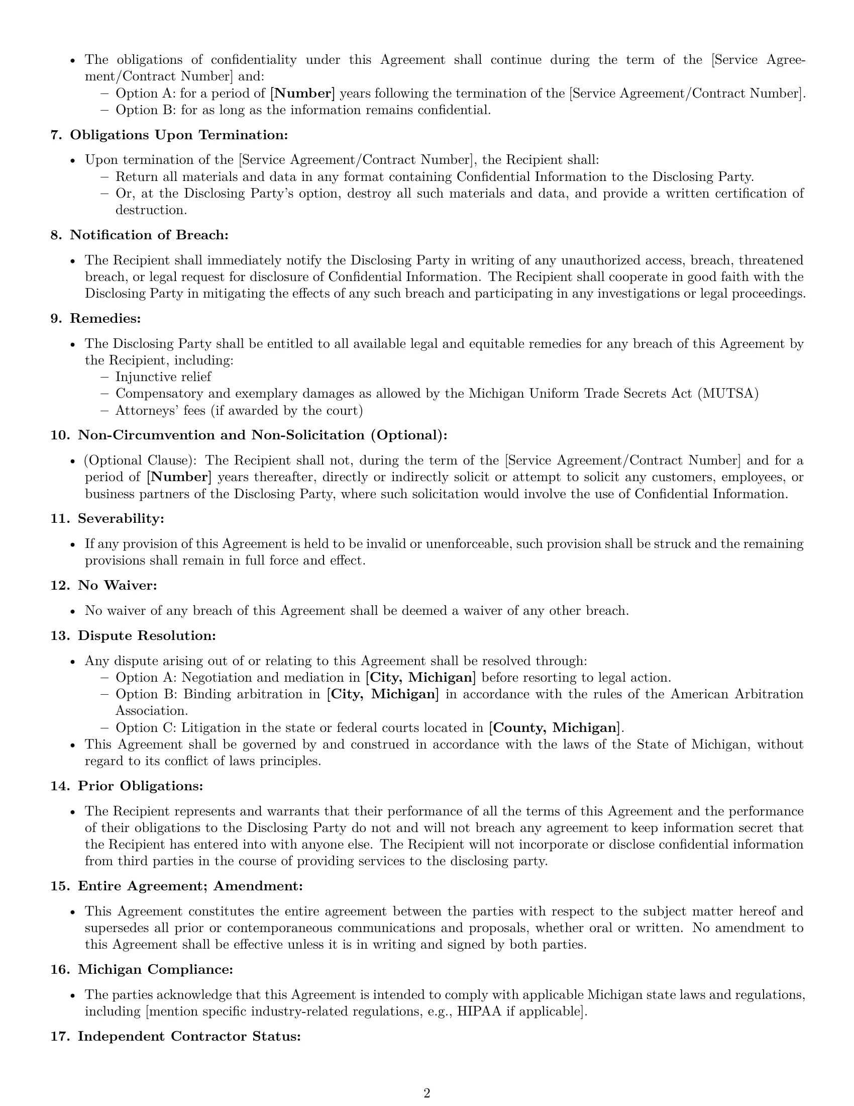 Preview page 2 of Free Michigan independent contractor nda template