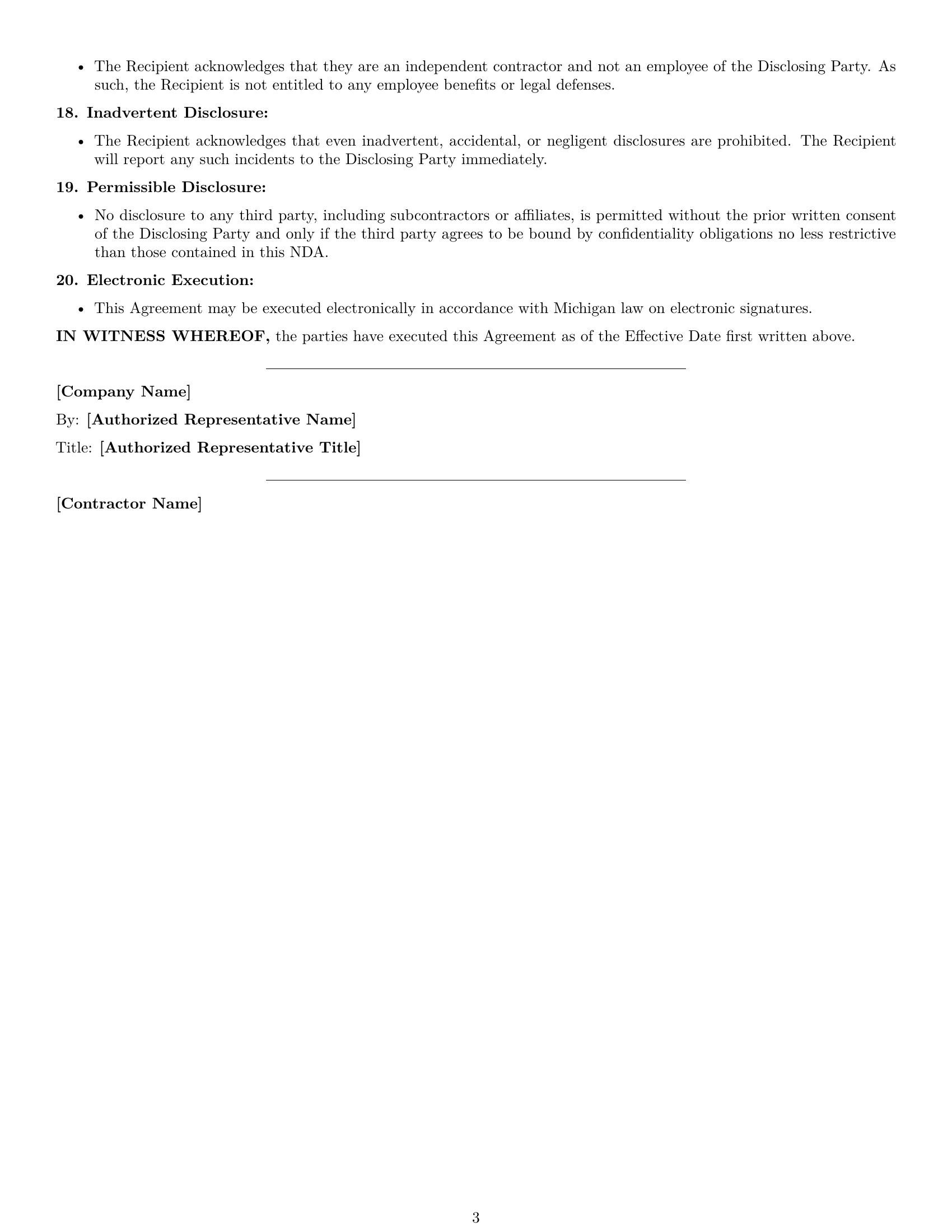 Preview page 3 of Free Michigan independent contractor nda template