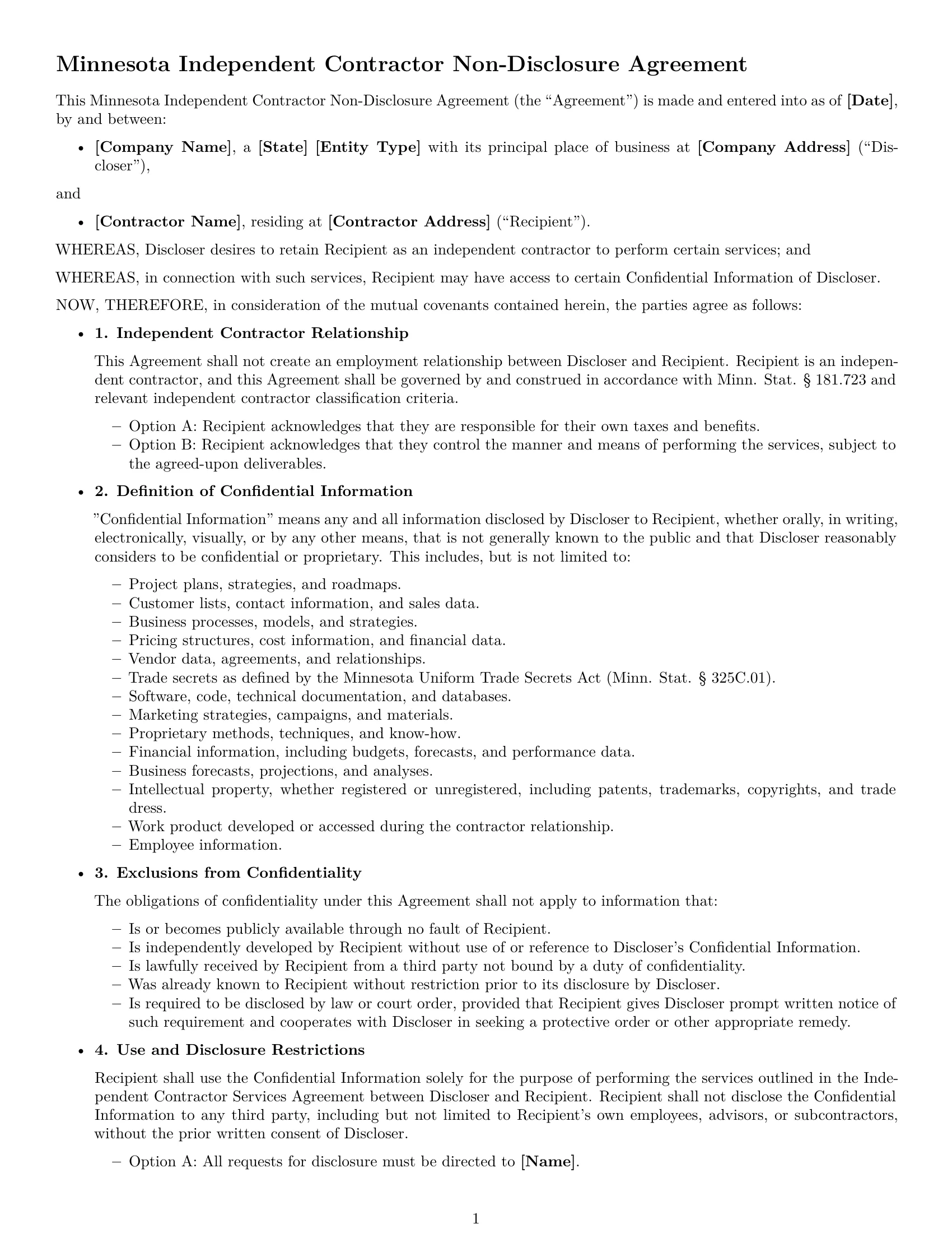 Preview page 1 of Free Minnesota independent contractor nda template