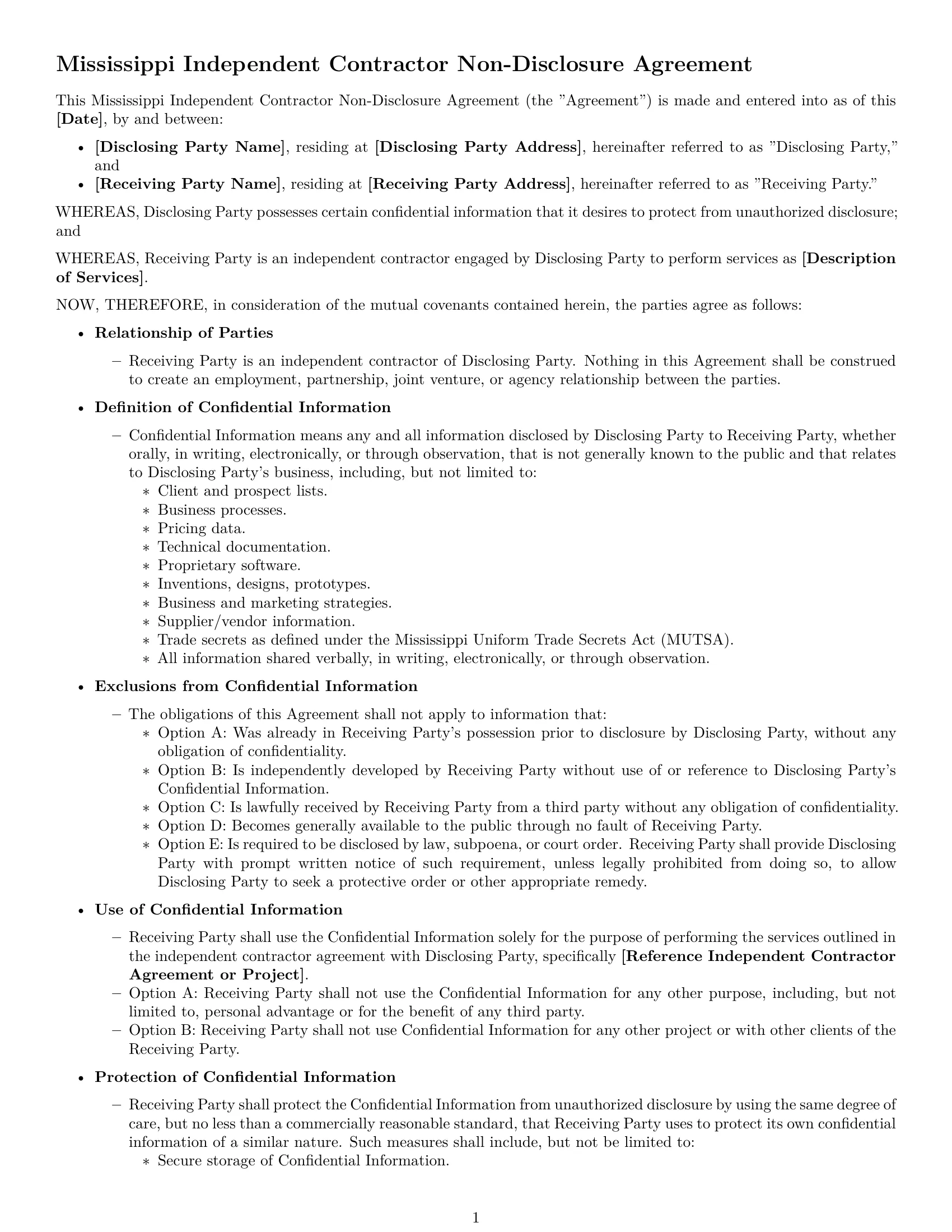 Preview page 1 of Free Mississippi independent contractor nda template
