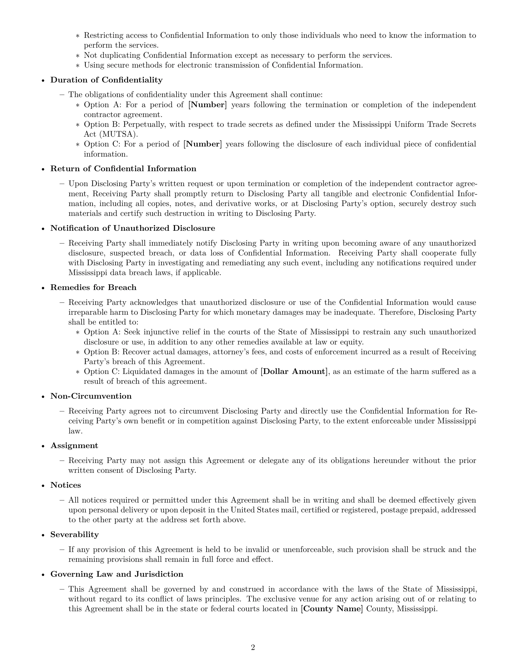 Preview page 2 of Free Mississippi independent contractor nda template