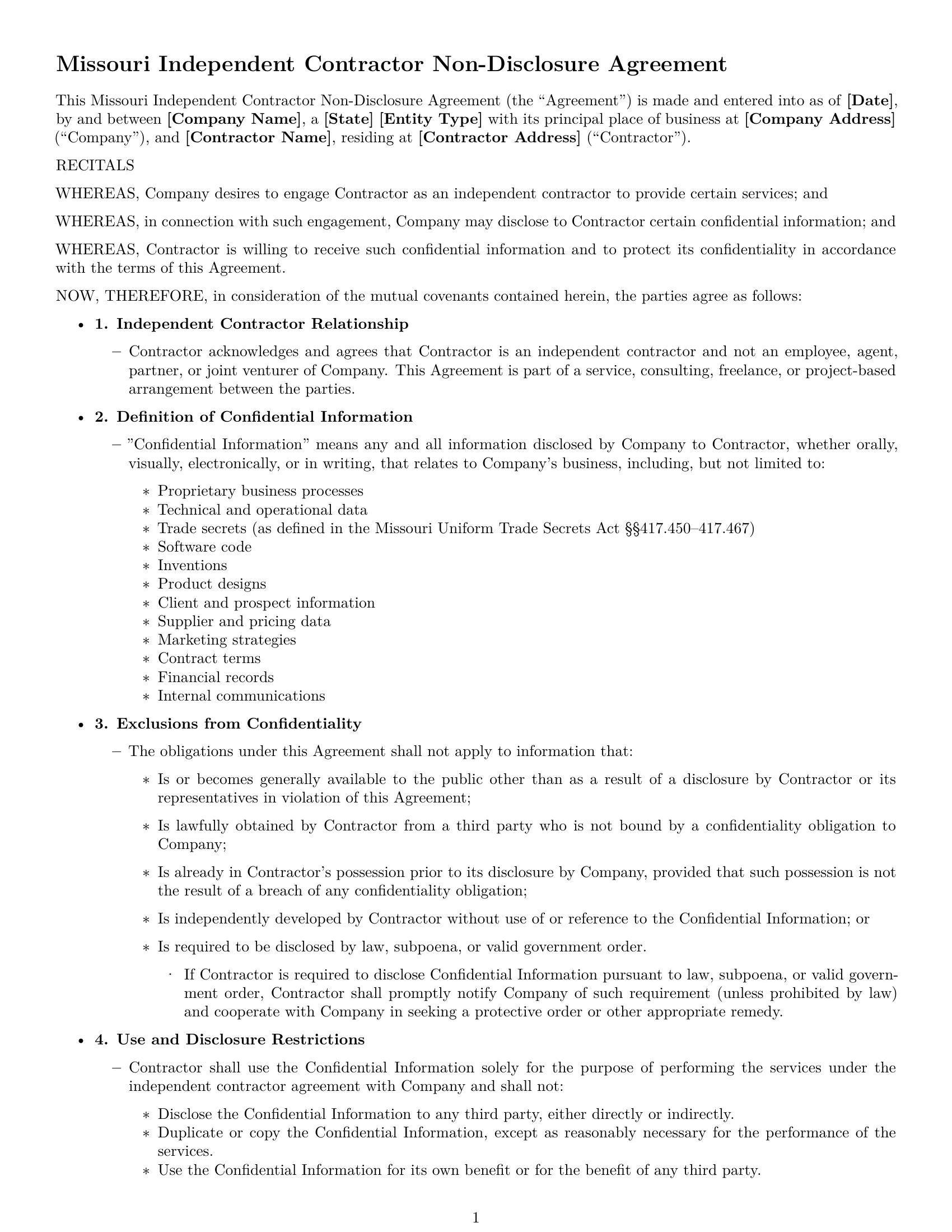 Preview page 1 of Free Missouri independent contractor nda template