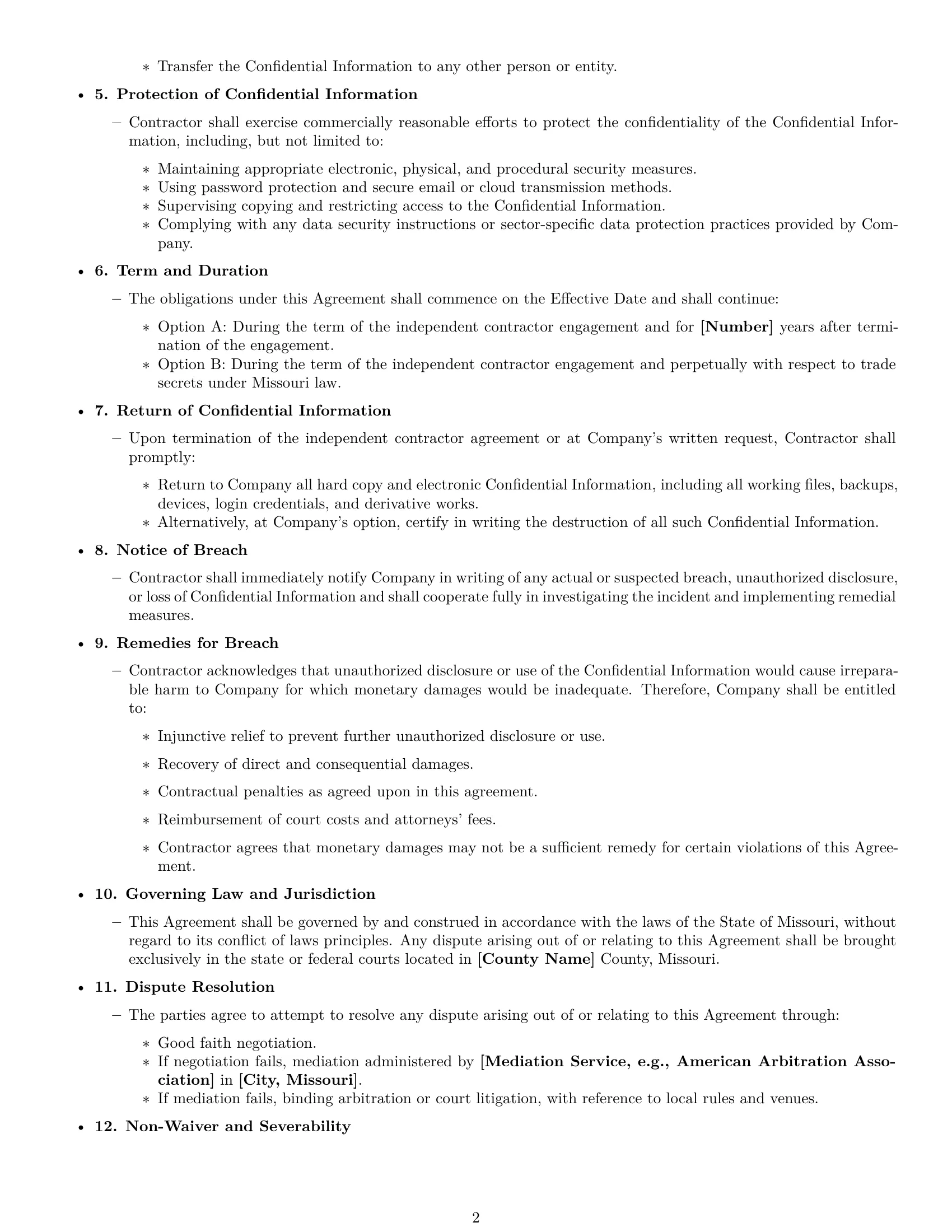 Preview page 2 of Free Missouri independent contractor nda template