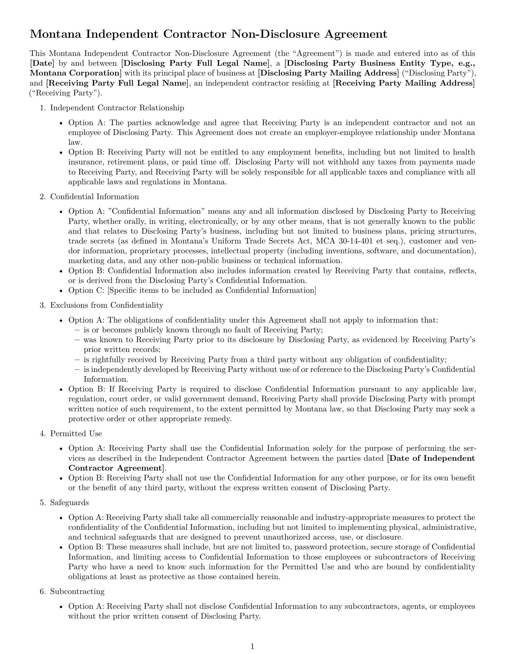 Preview page 1 of Free Montana independent contractor nda template