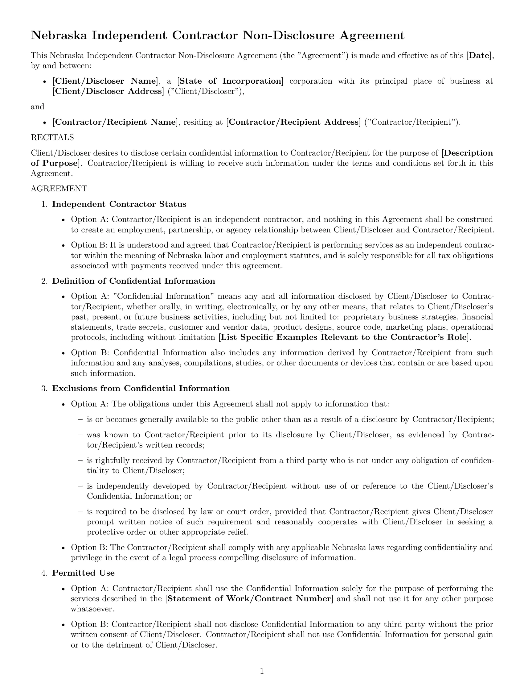 Preview page 1 of Free Nebraska independent contractor nda template