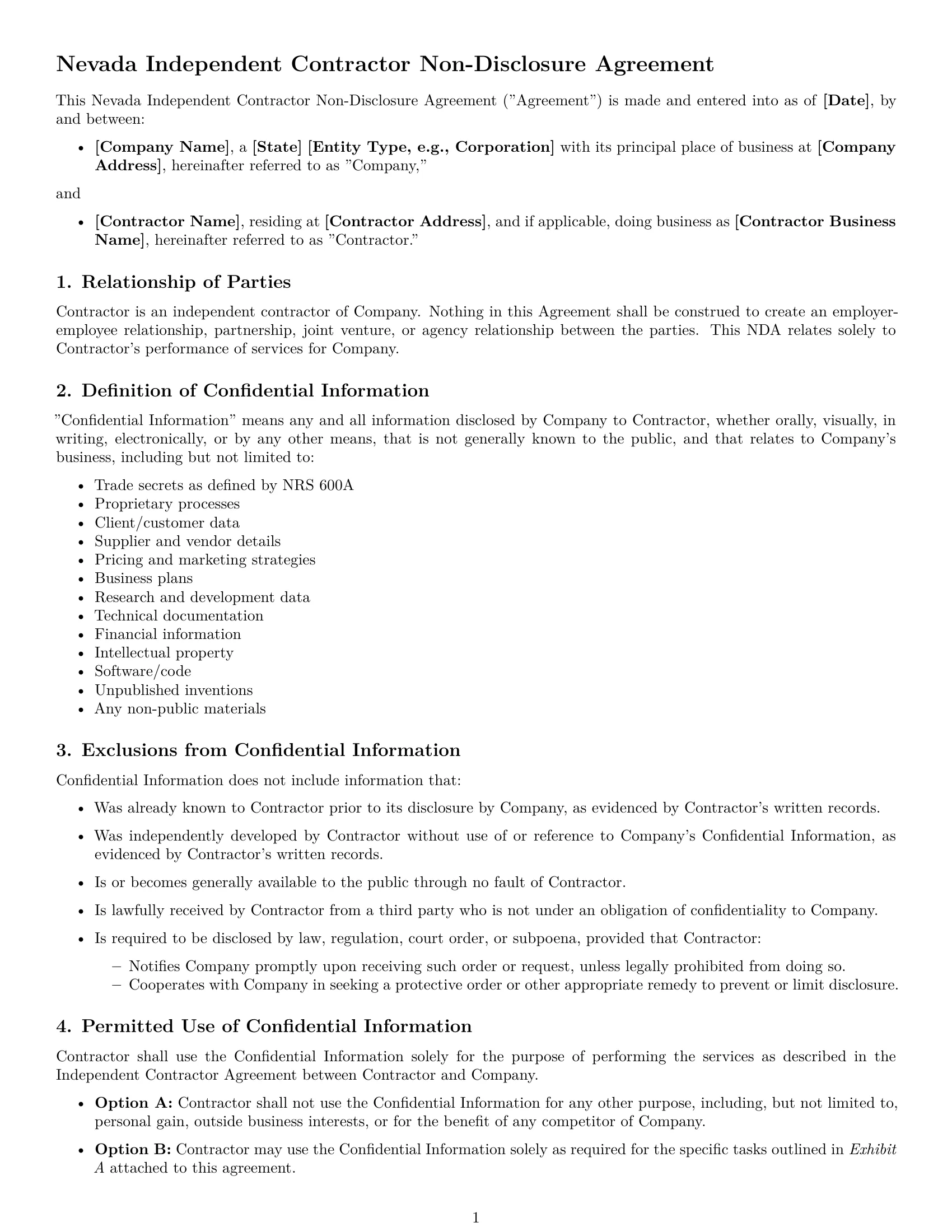 Preview page 1 of Free Nevada independent contractor nda template