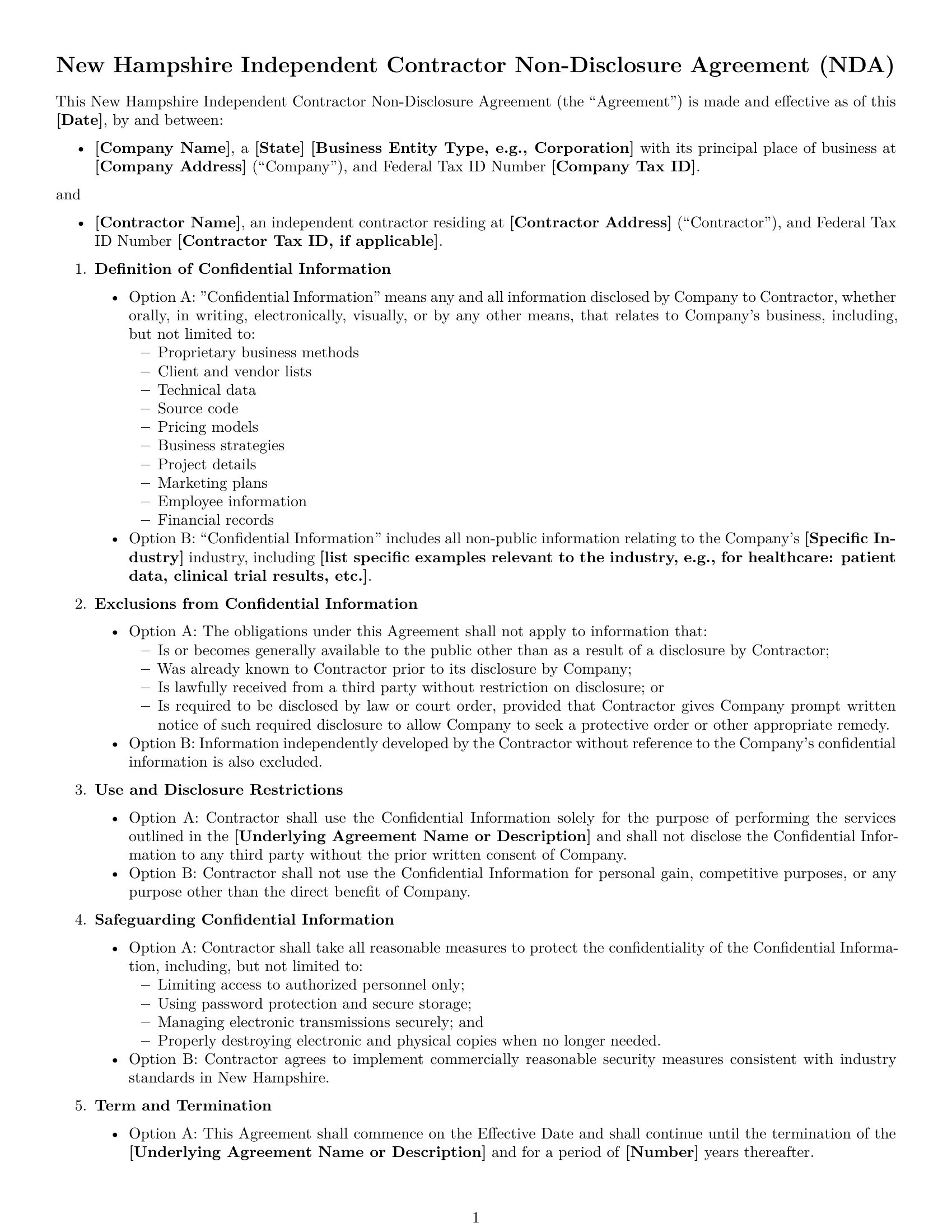 Preview page 1 of Free New Hampshire independent contractor nda template