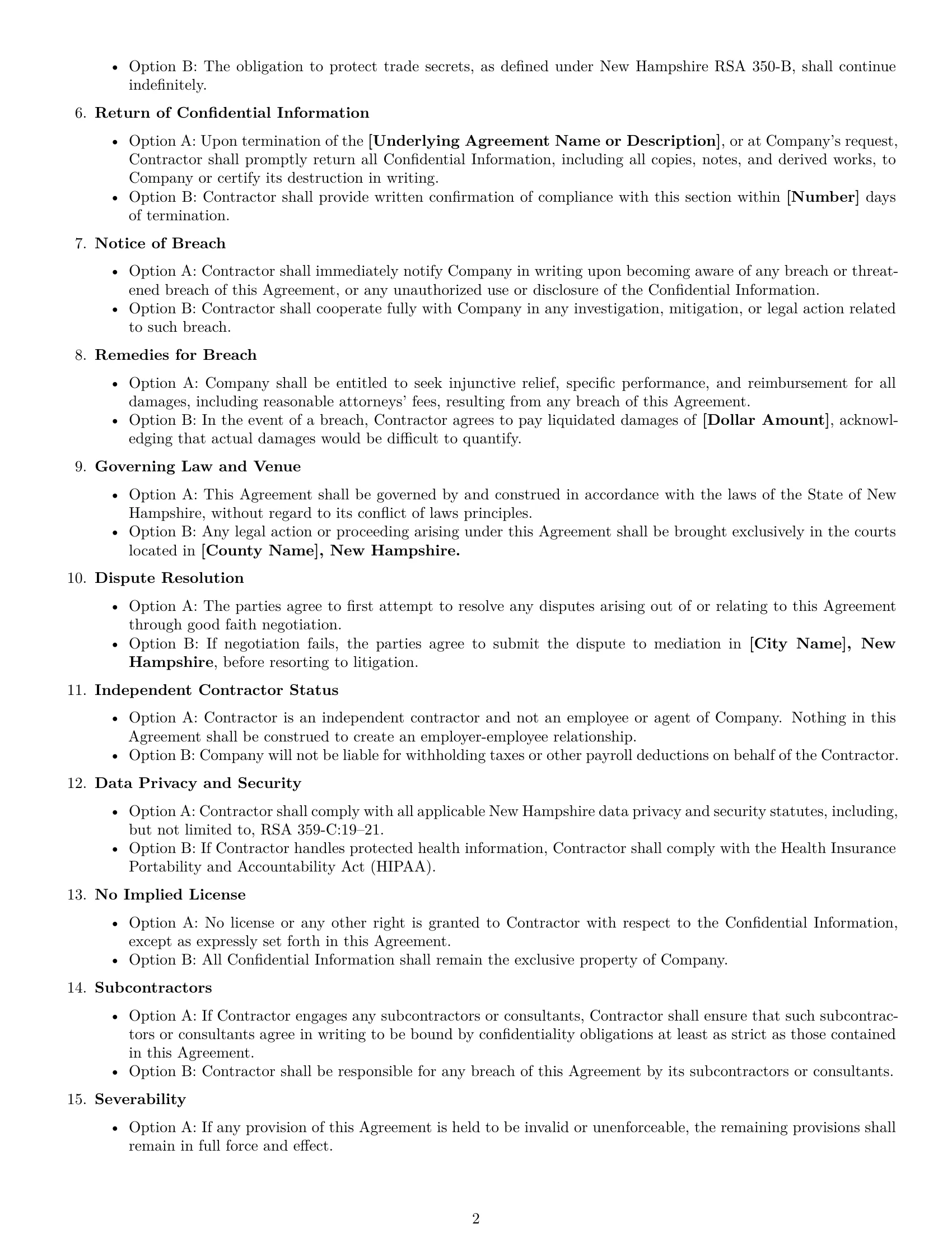 Preview page 2 of Free New Hampshire independent contractor nda template