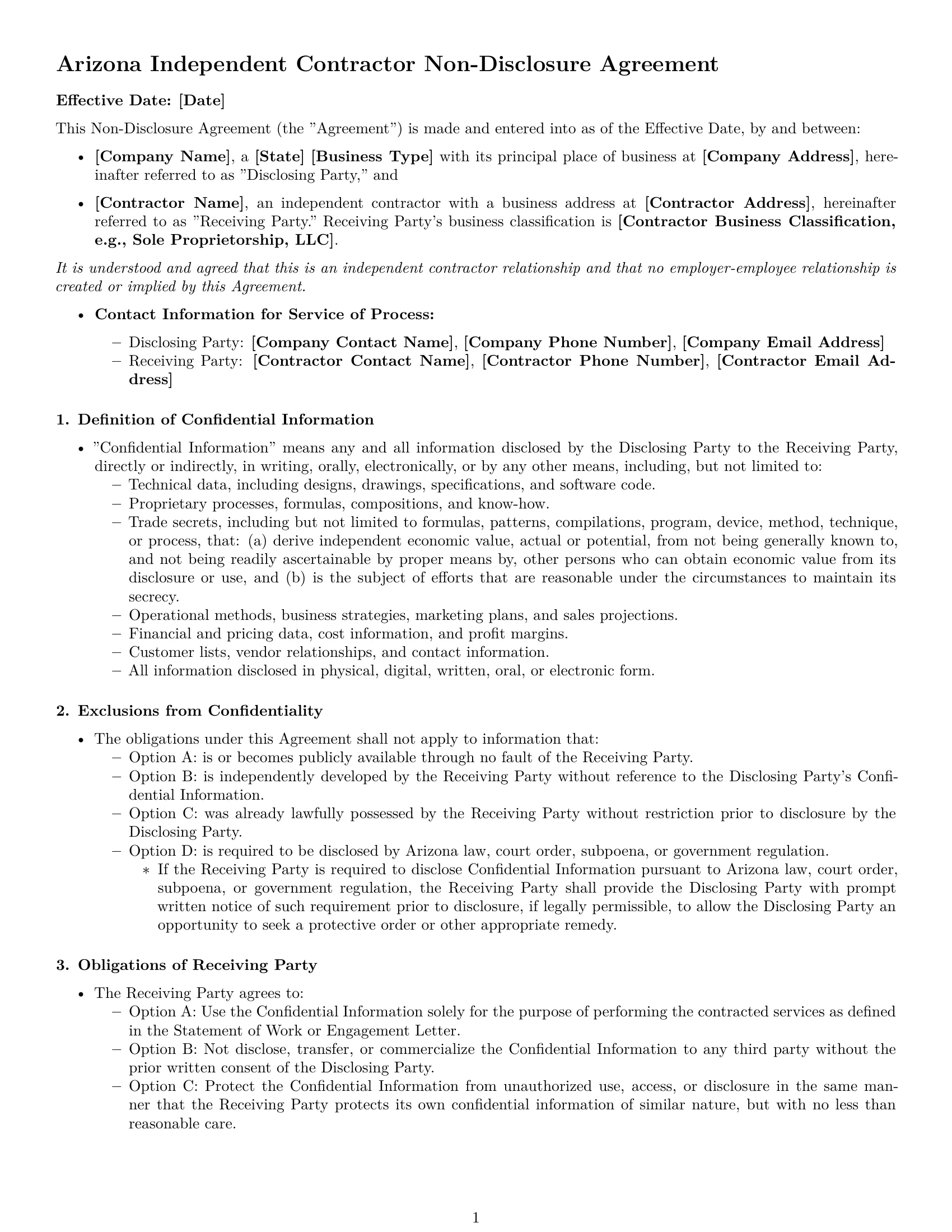 Preview page 1 of Free Arizona independent contractor nda template