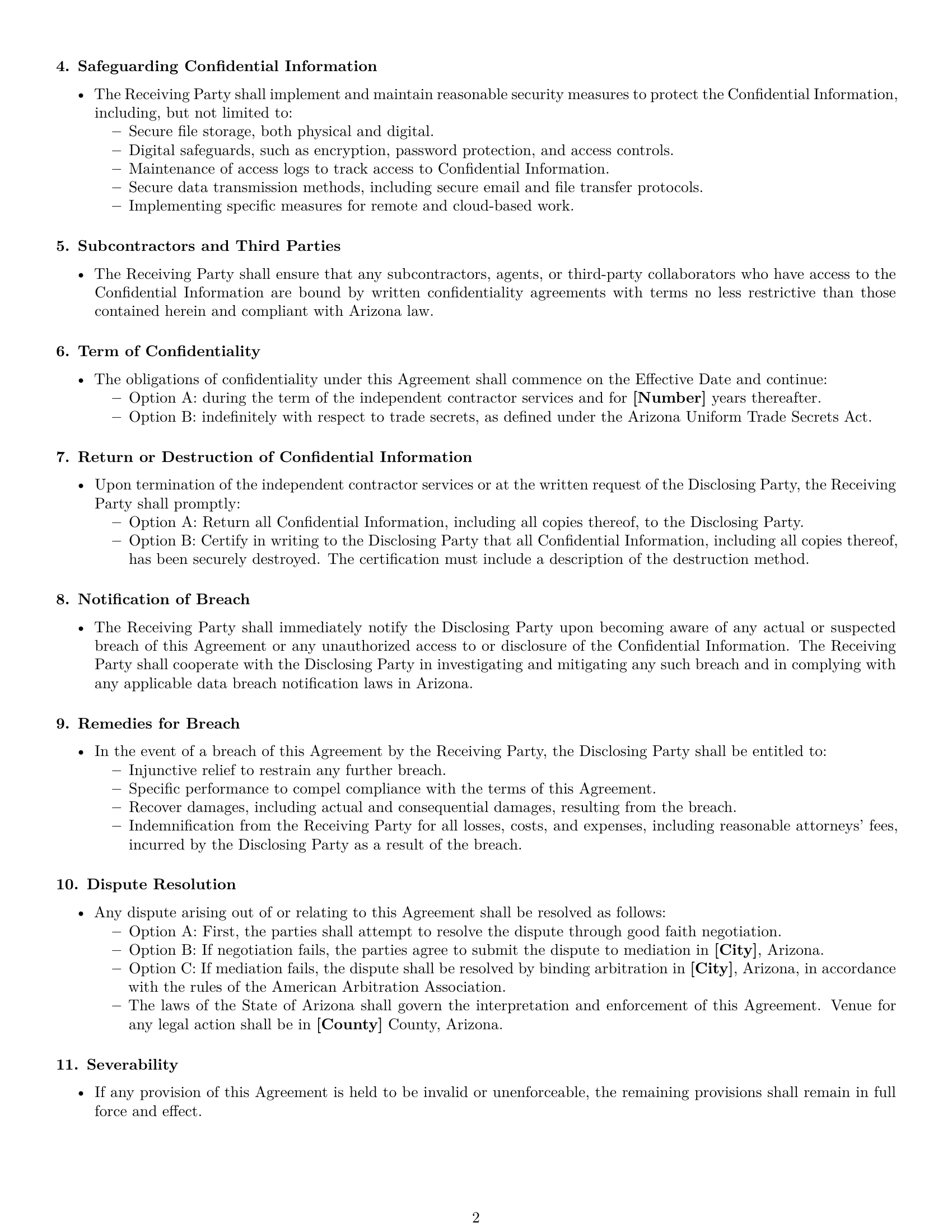 Preview page 2 of Free Arizona independent contractor nda template