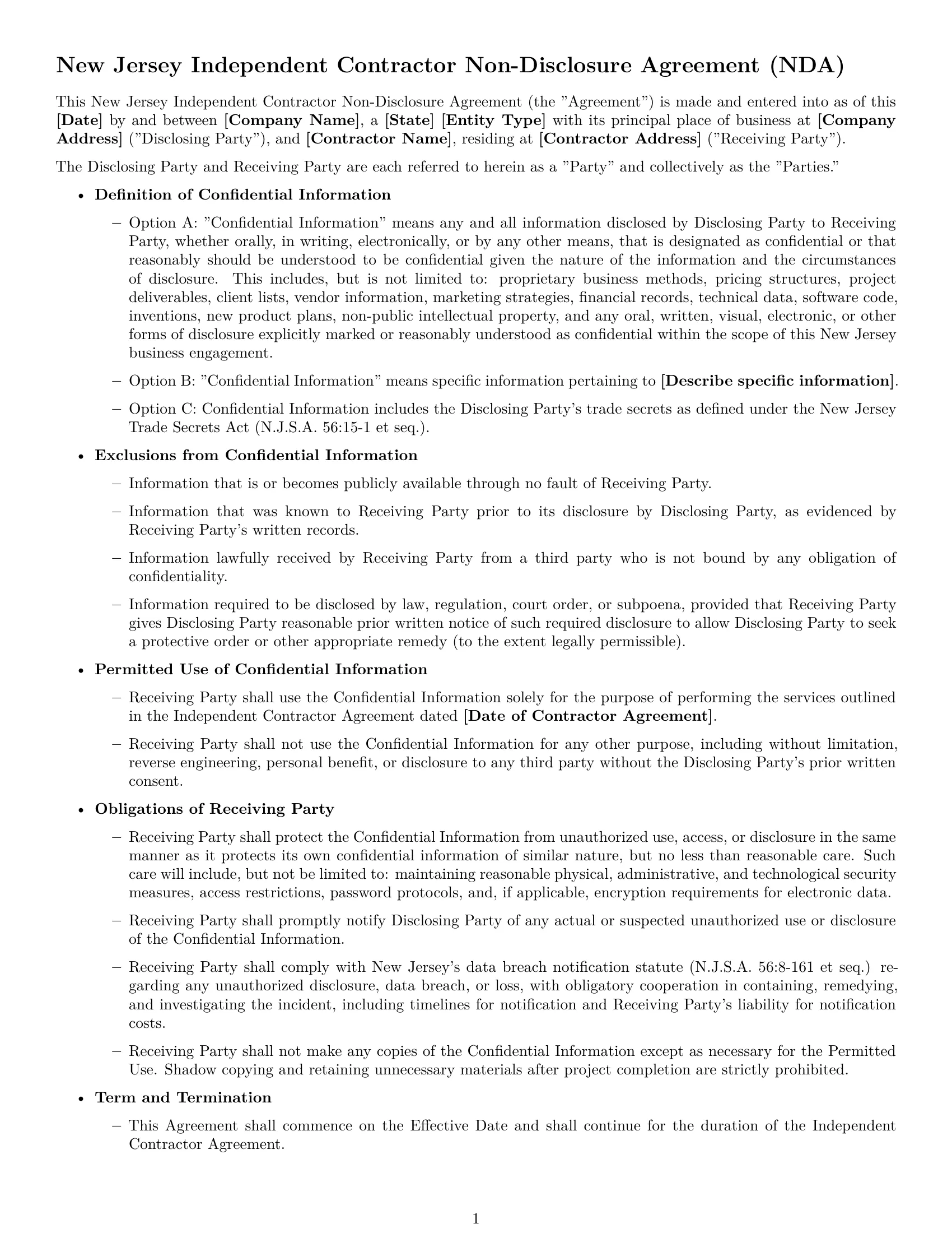 Preview page 1 of Free New Jersey independent contractor nda template