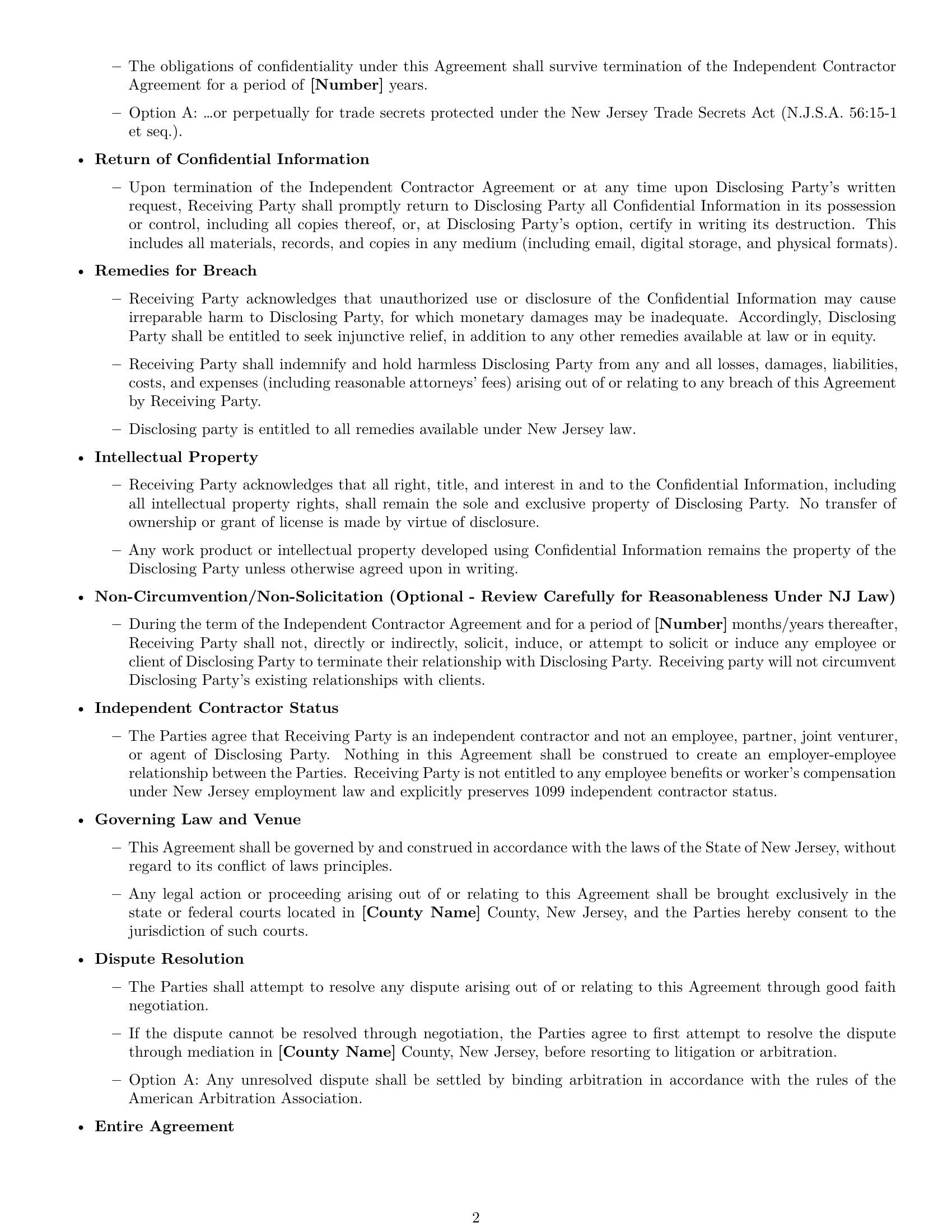 Preview page 2 of Free New Jersey independent contractor nda template