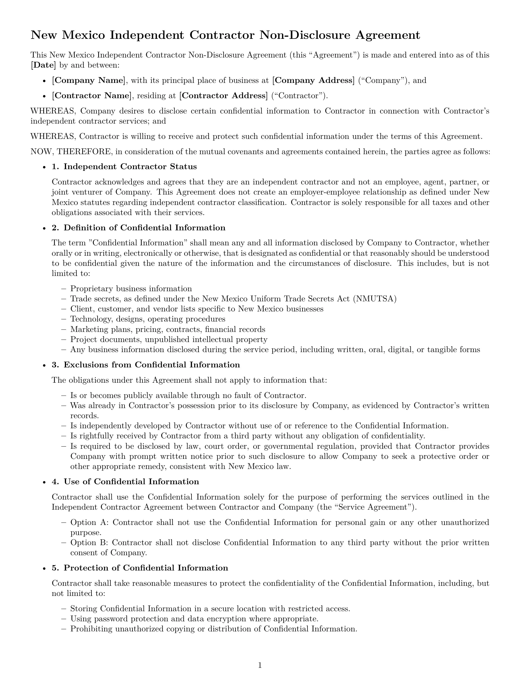 Preview page 1 of Free New Mexico independent contractor nda template