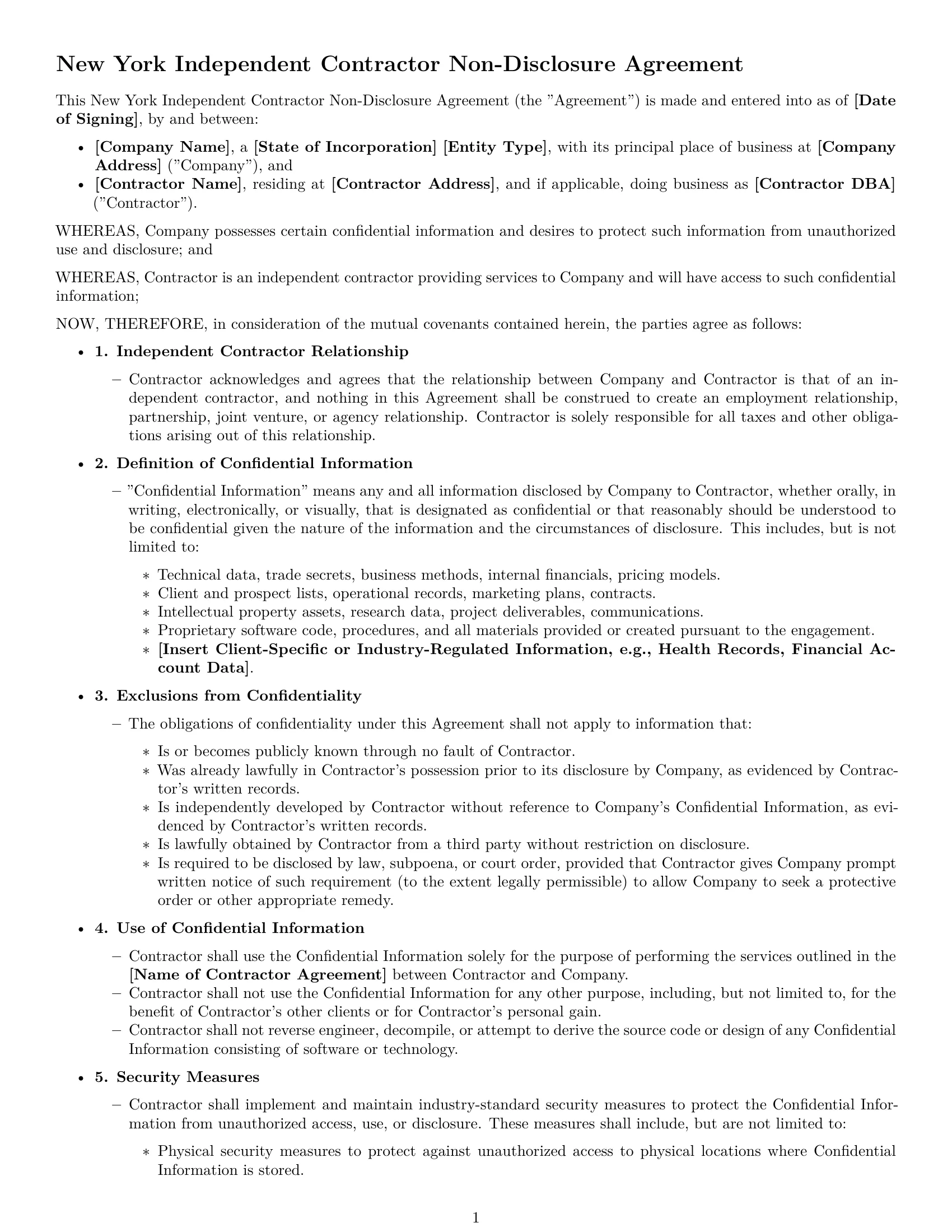 Preview page 1 of Free New York independent contractor nda template