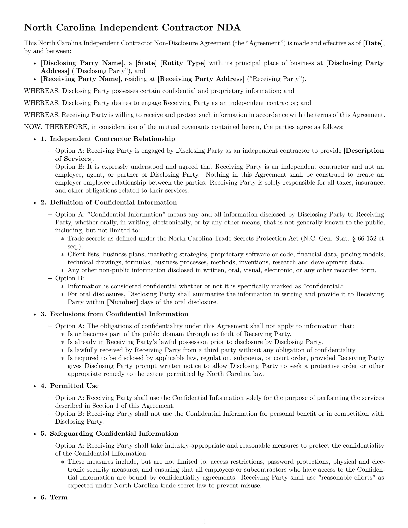 Preview page 1 of Free North Carolina independent contractor nda template