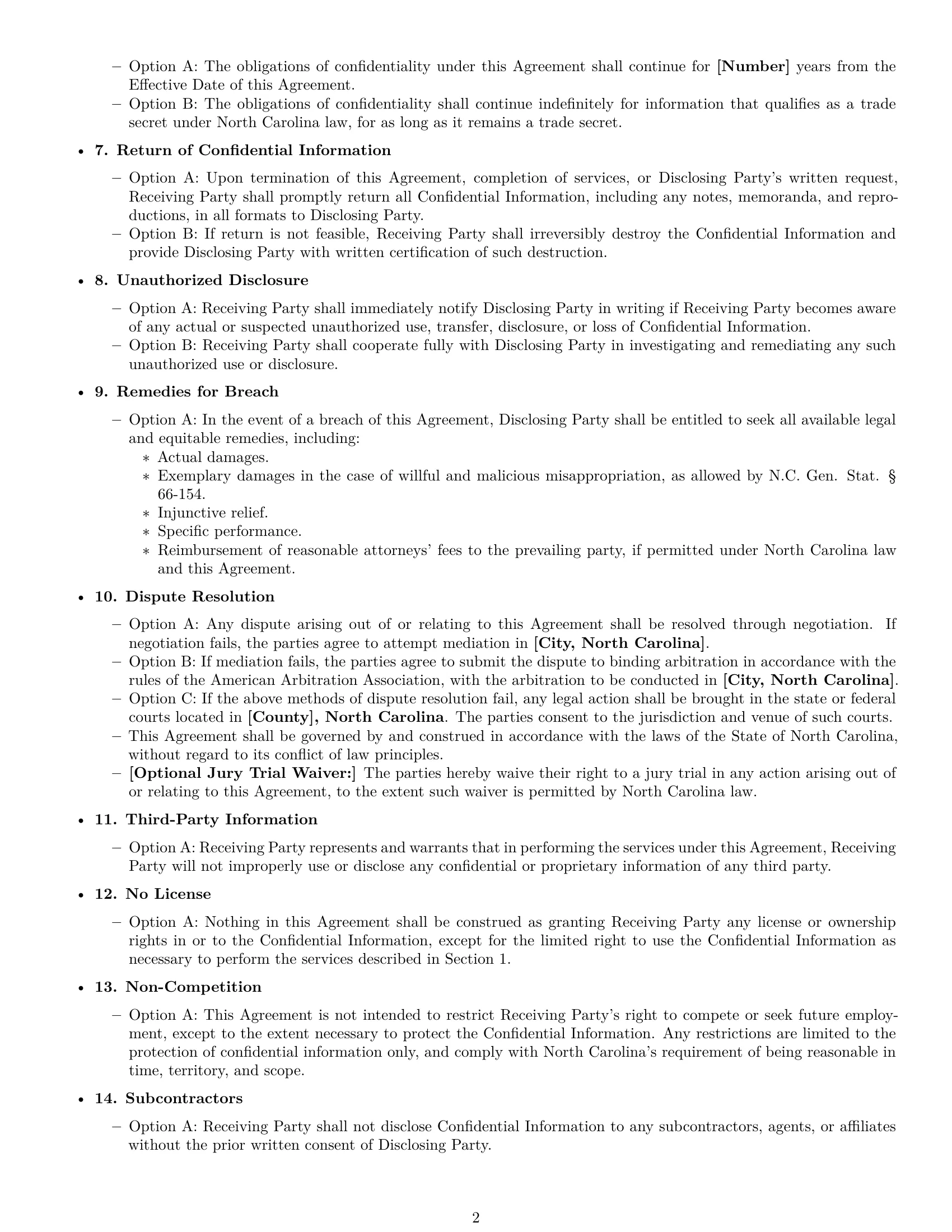 Preview page 2 of Free North Carolina independent contractor nda template