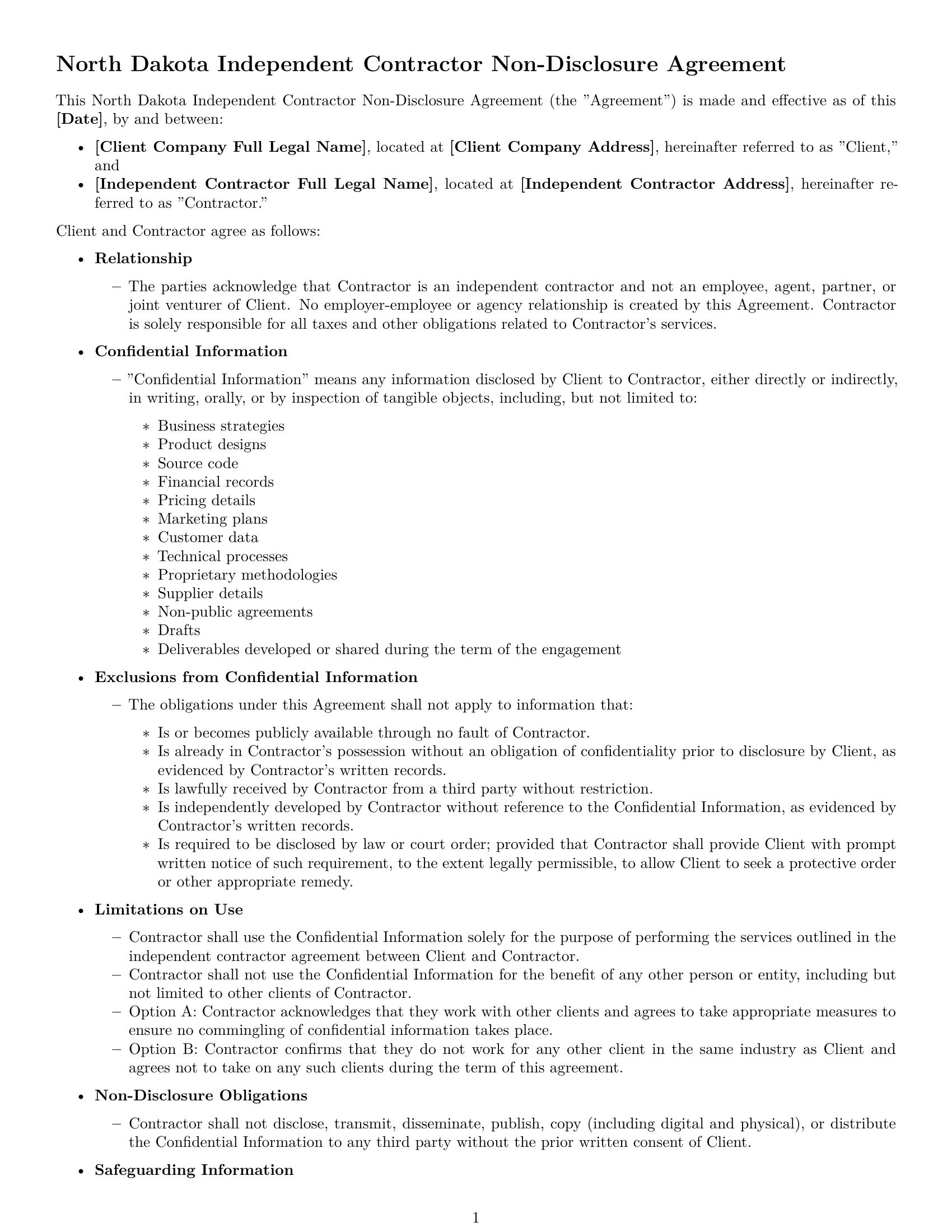 Preview page 1 of Free North Dakota independent contractor nda template