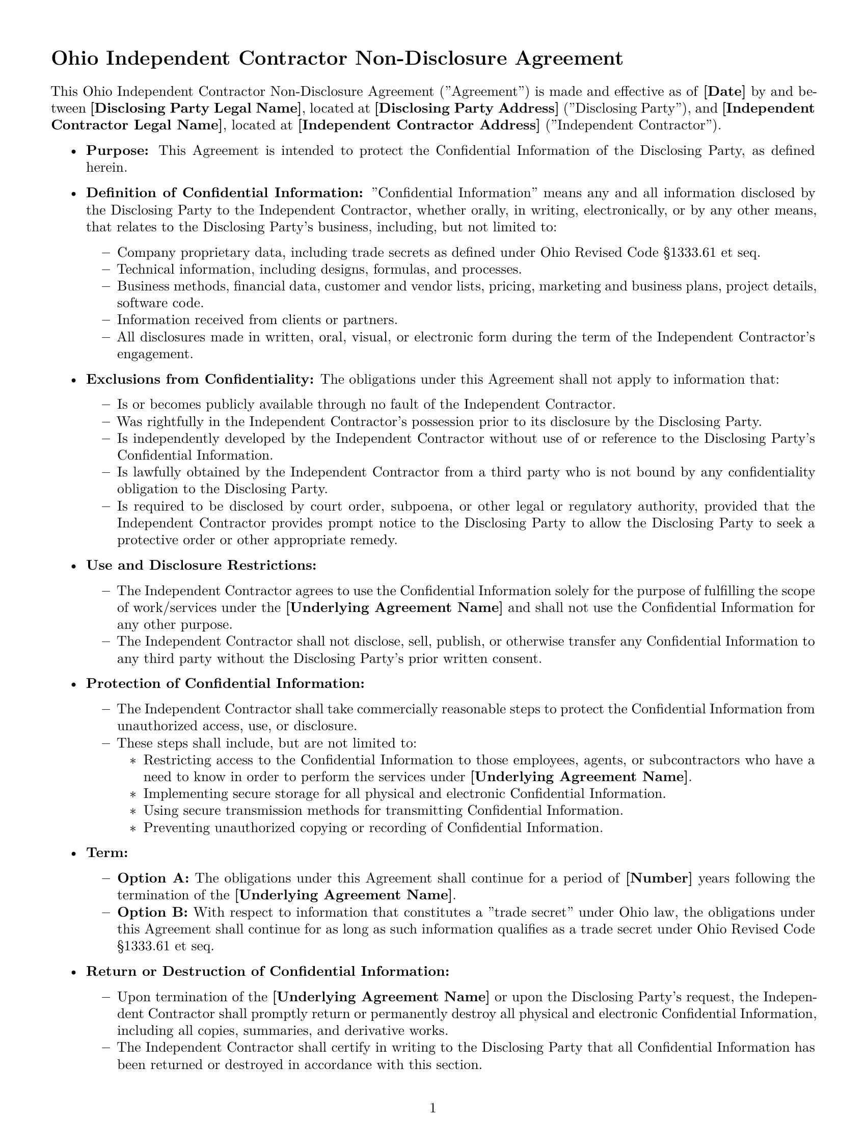 Preview page 1 of Free Ohio independent contractor nda template