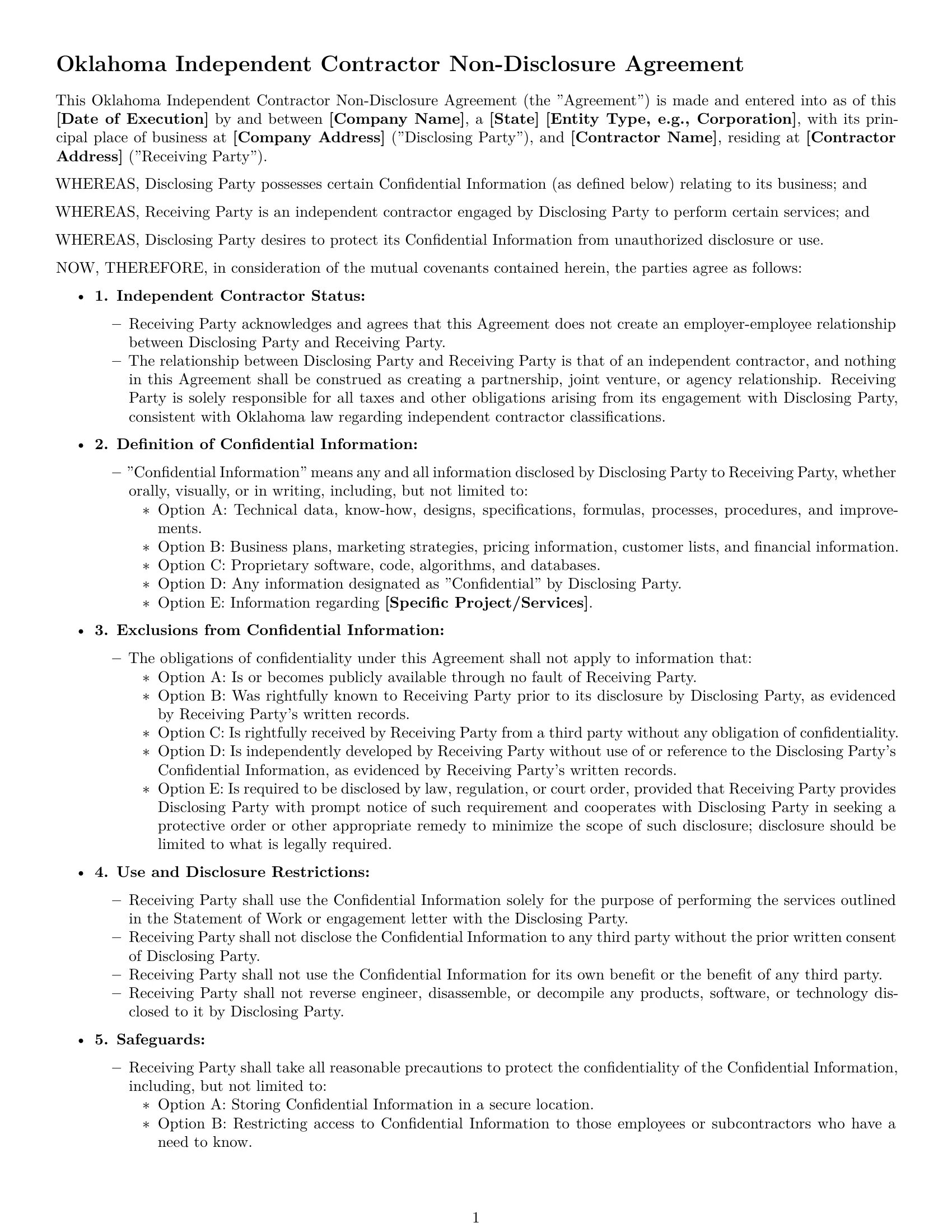 Preview page 1 of Free Oklahoma independent contractor nda template