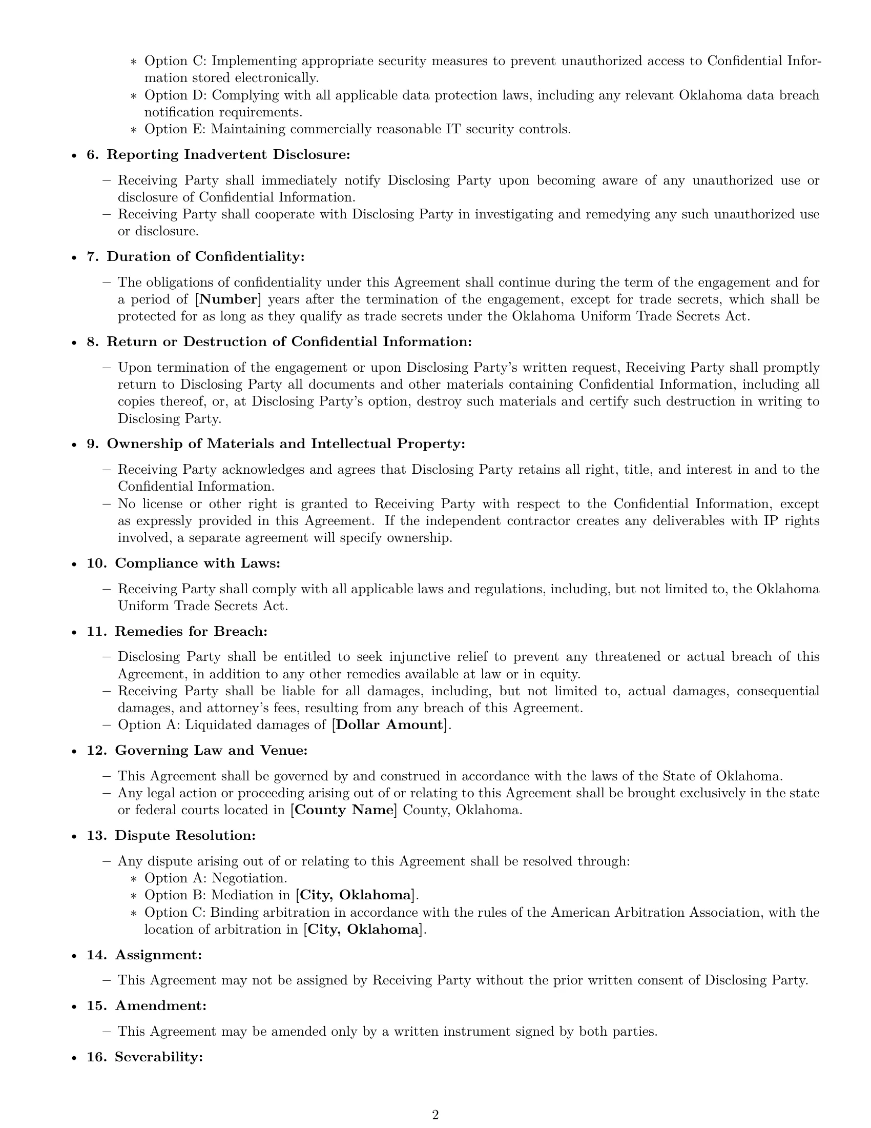 Preview page 2 of Free Oklahoma independent contractor nda template