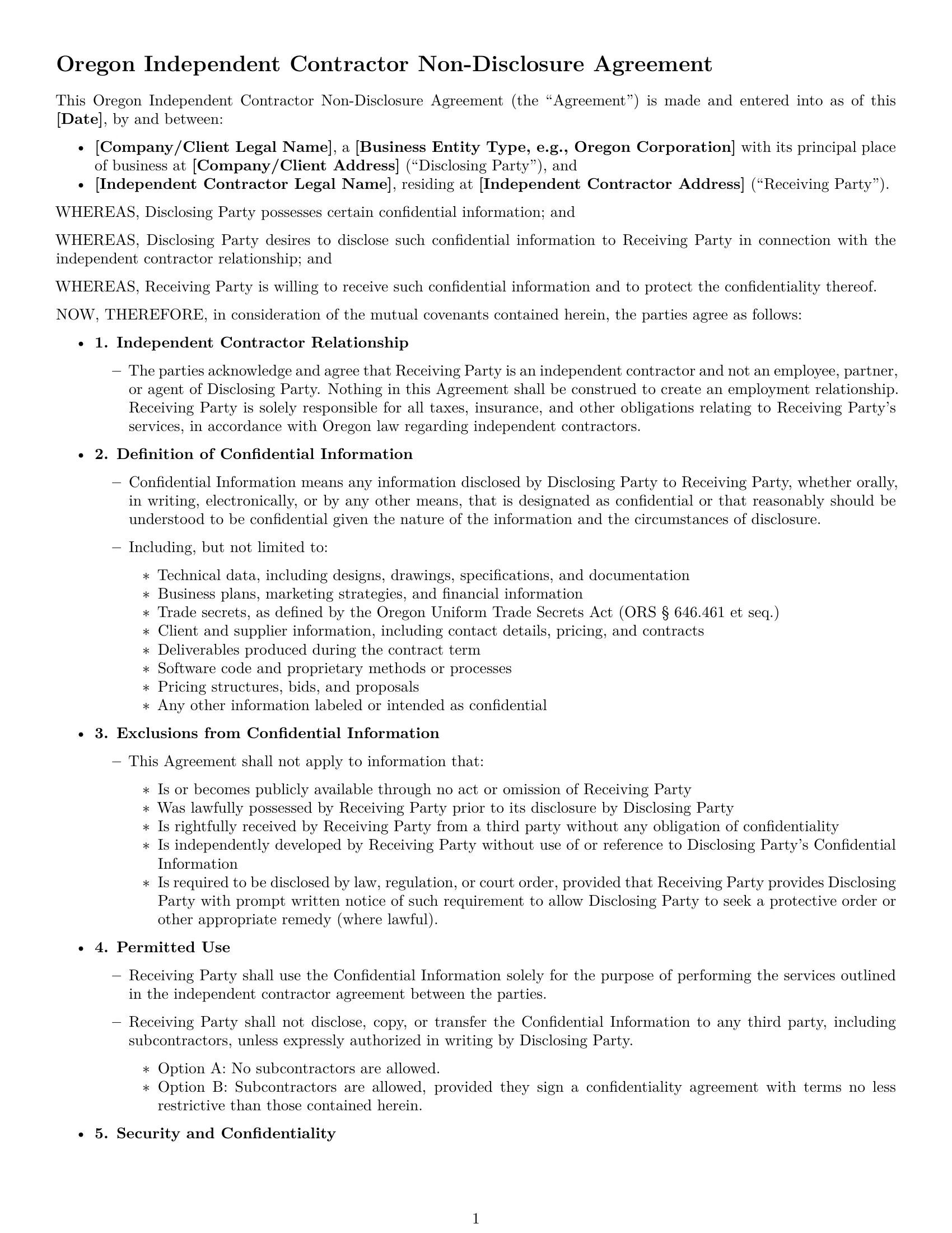 Preview page 1 of Free Oregon independent contractor nda template