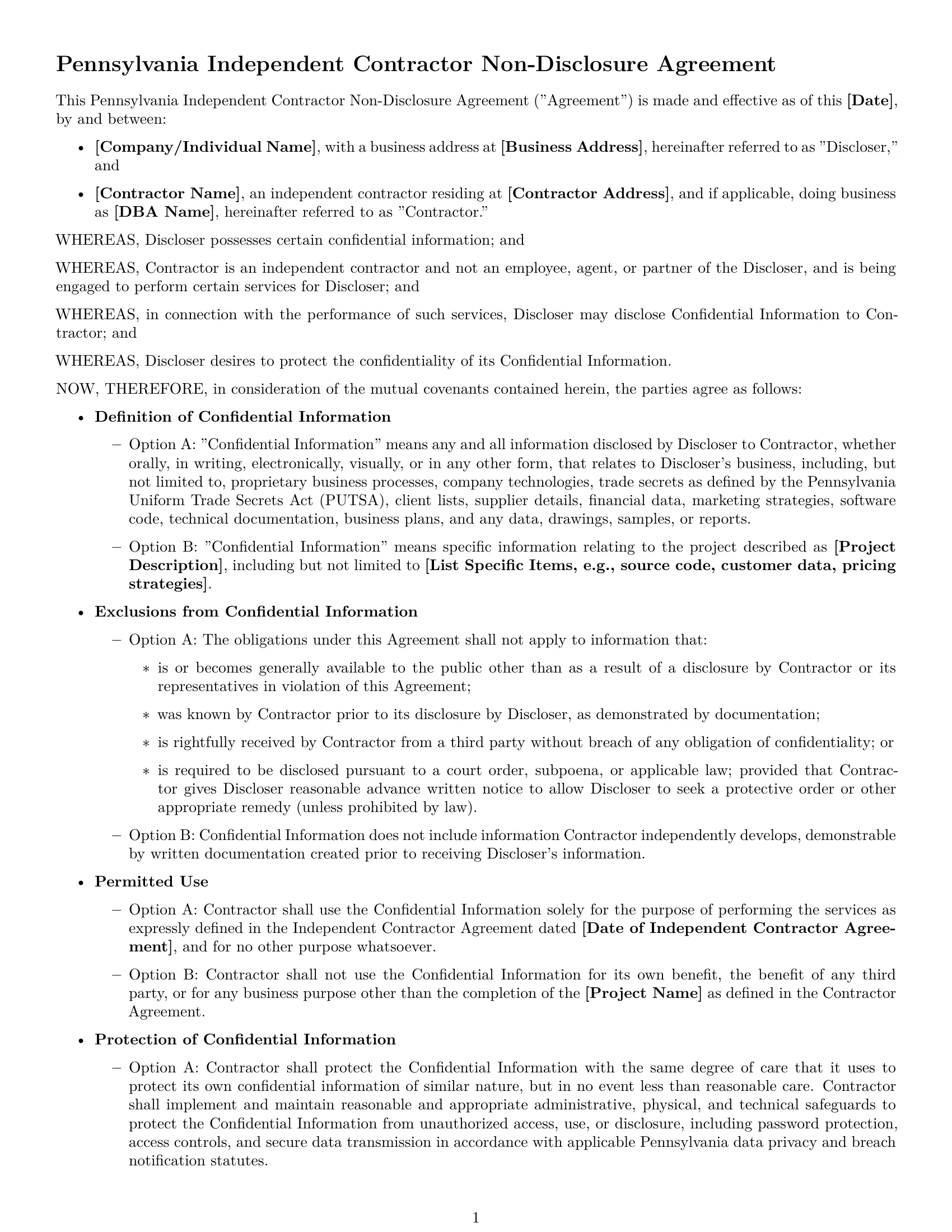 Preview page 1 of Free Pennsylvania independent contractor nda template