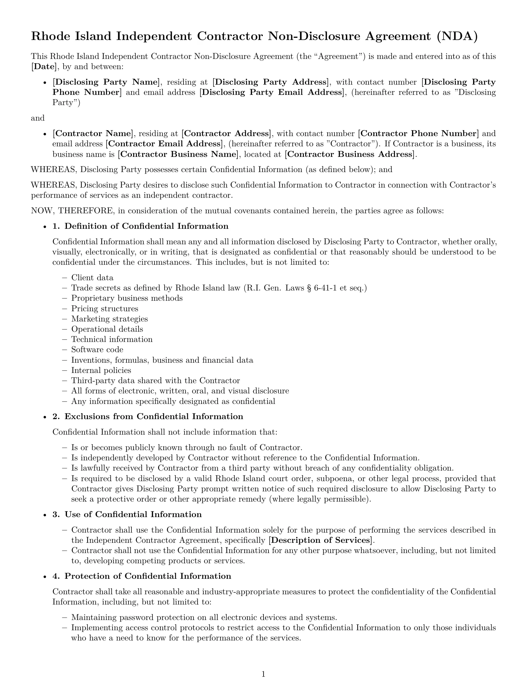 Preview page 1 of Free Rhode Island independent contractor nda template