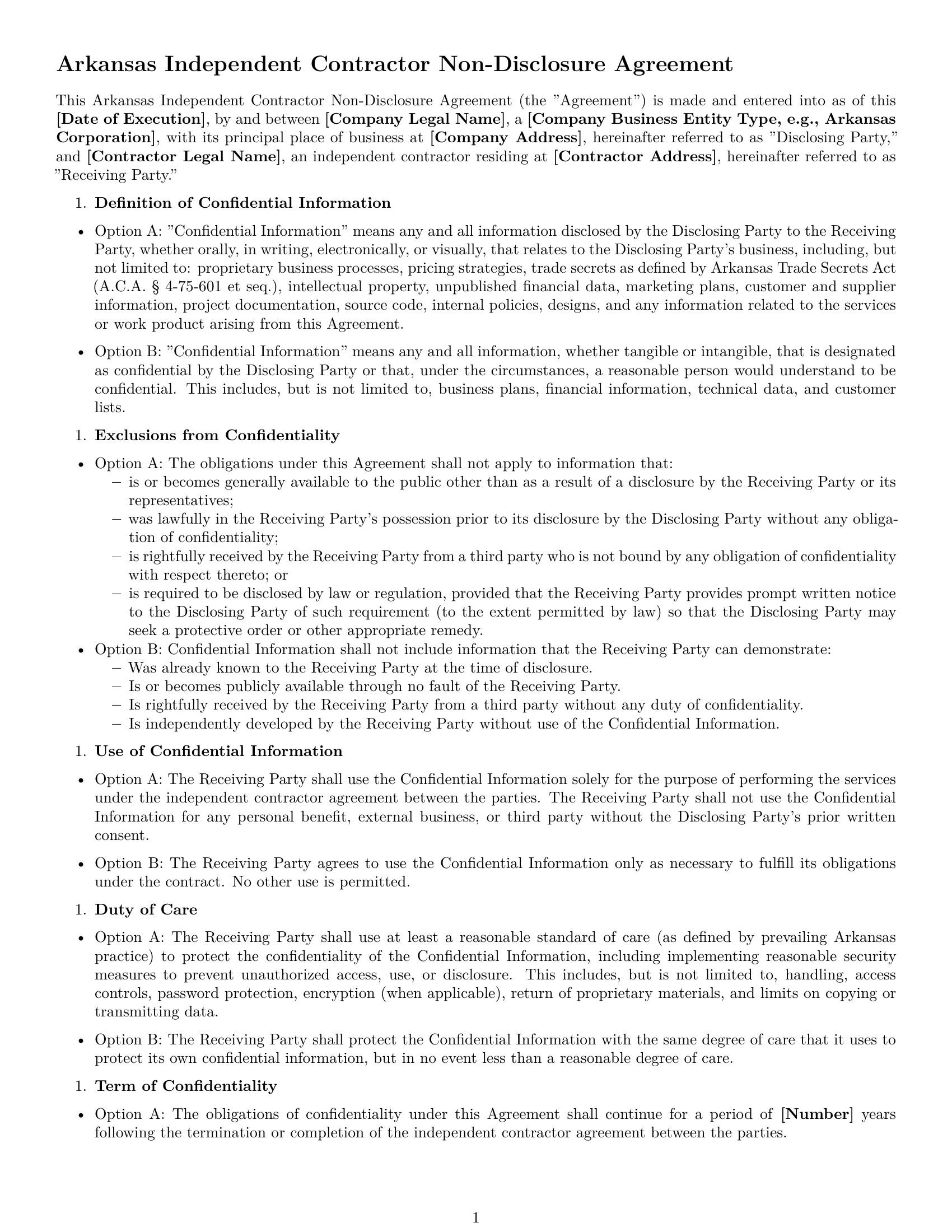 Preview page 1 of Free Arkansas independent contractor nda template