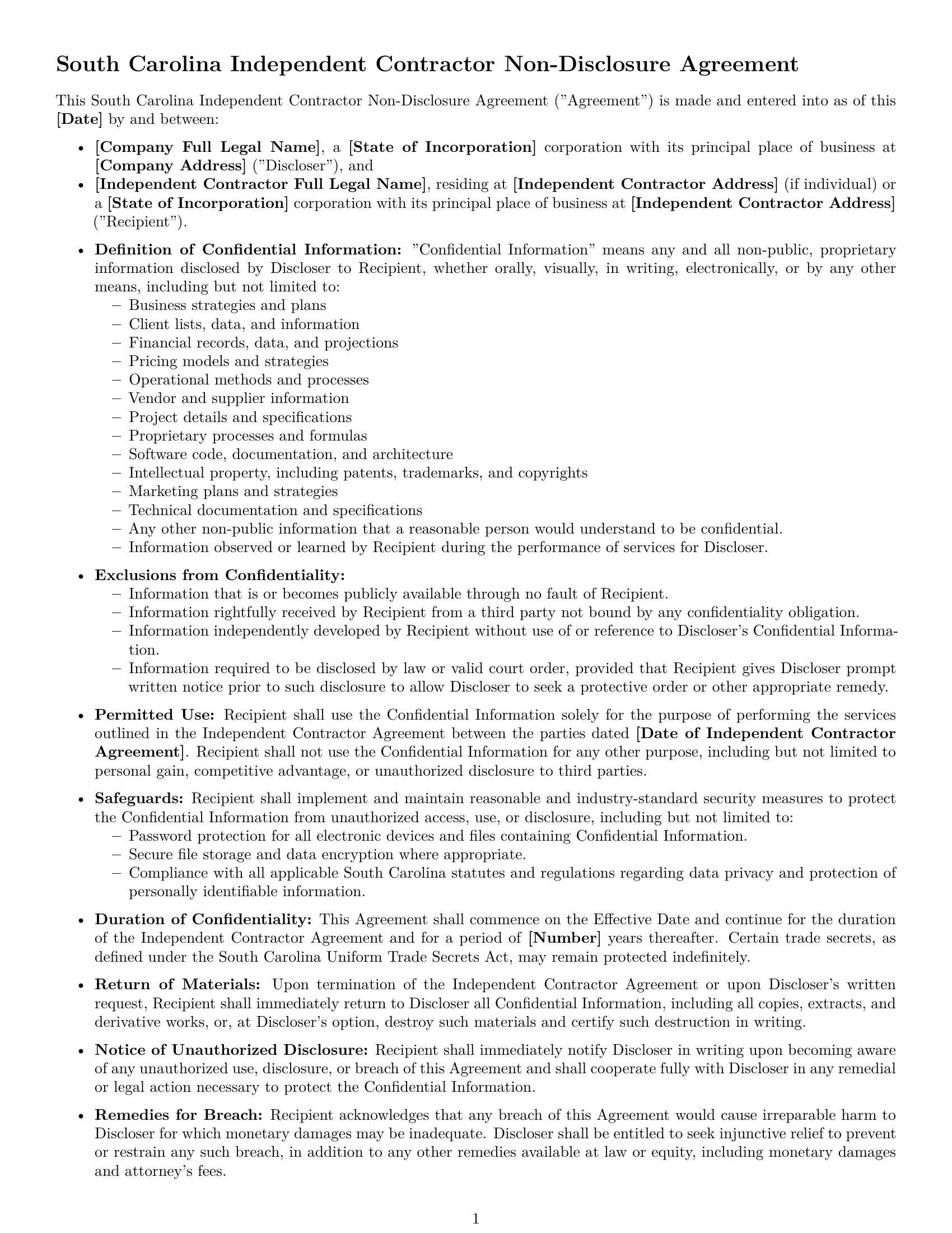 Preview page 1 of Free South Carolina independent contractor nda template