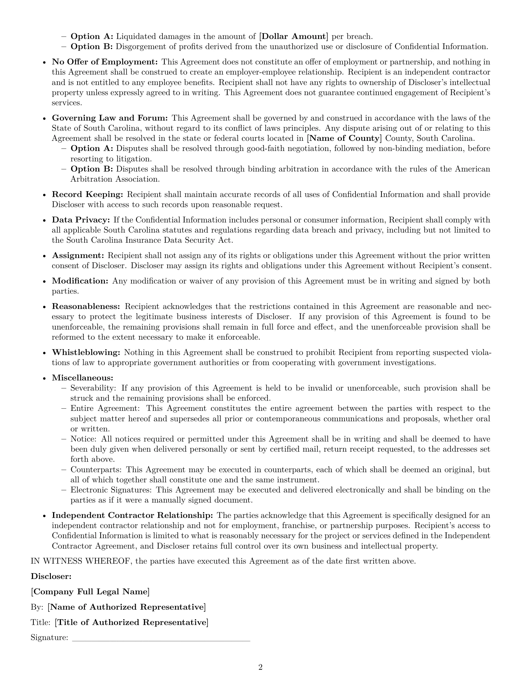 Preview page 2 of Free South Carolina independent contractor nda template