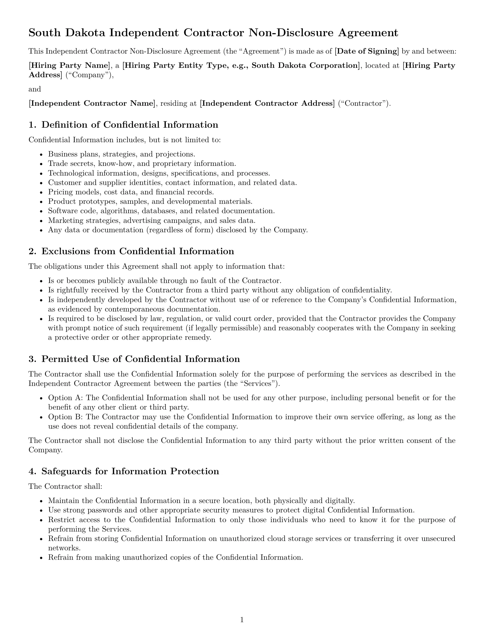 Preview page 1 of Free South Dakota independent contractor nda template